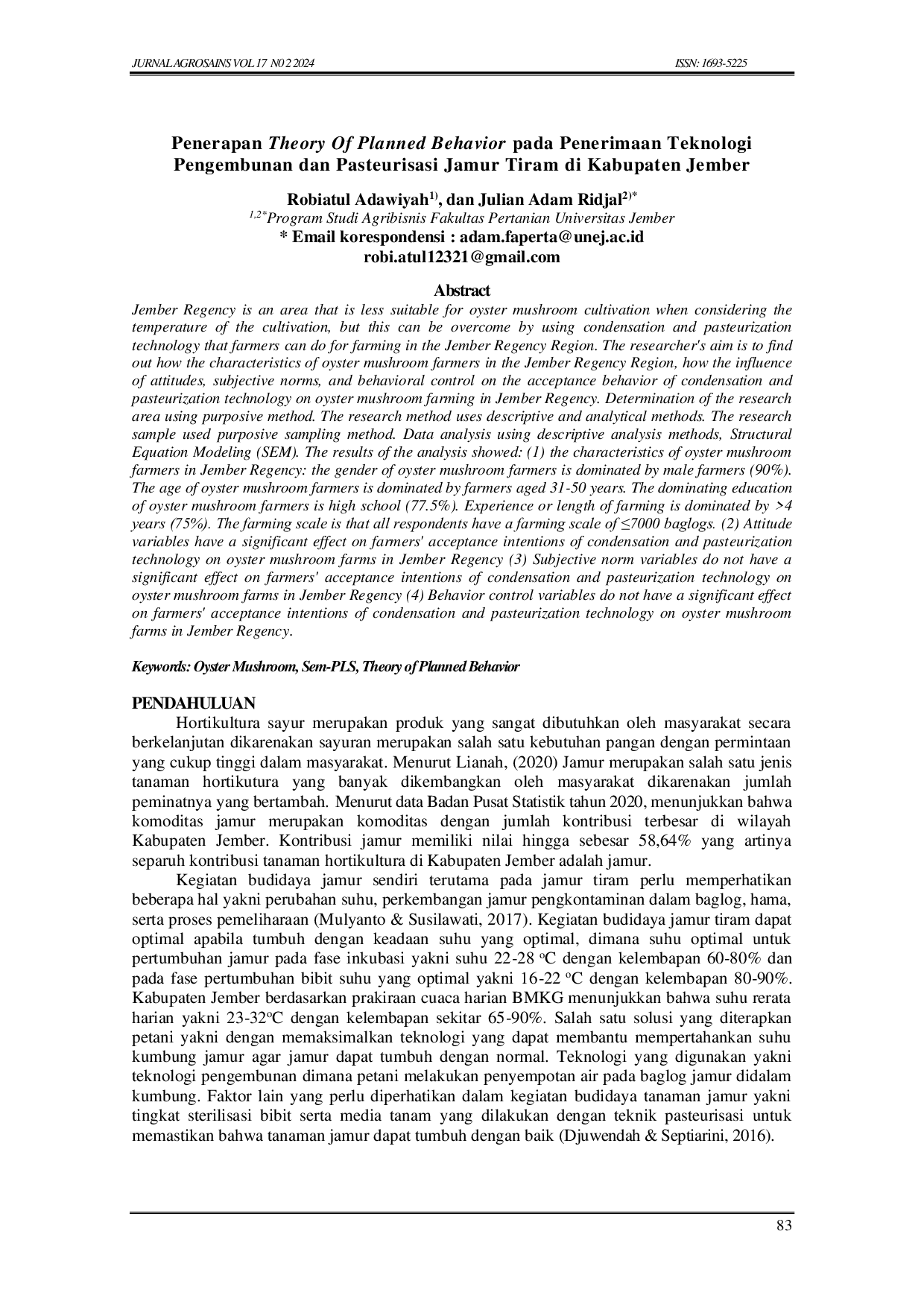 JURIS Penerapan Theory Of Planned Behavior pada Penerimaan Teknologi Pengembunan dan Pasteurisasi Jamur Tiram di Kabupaten Jember