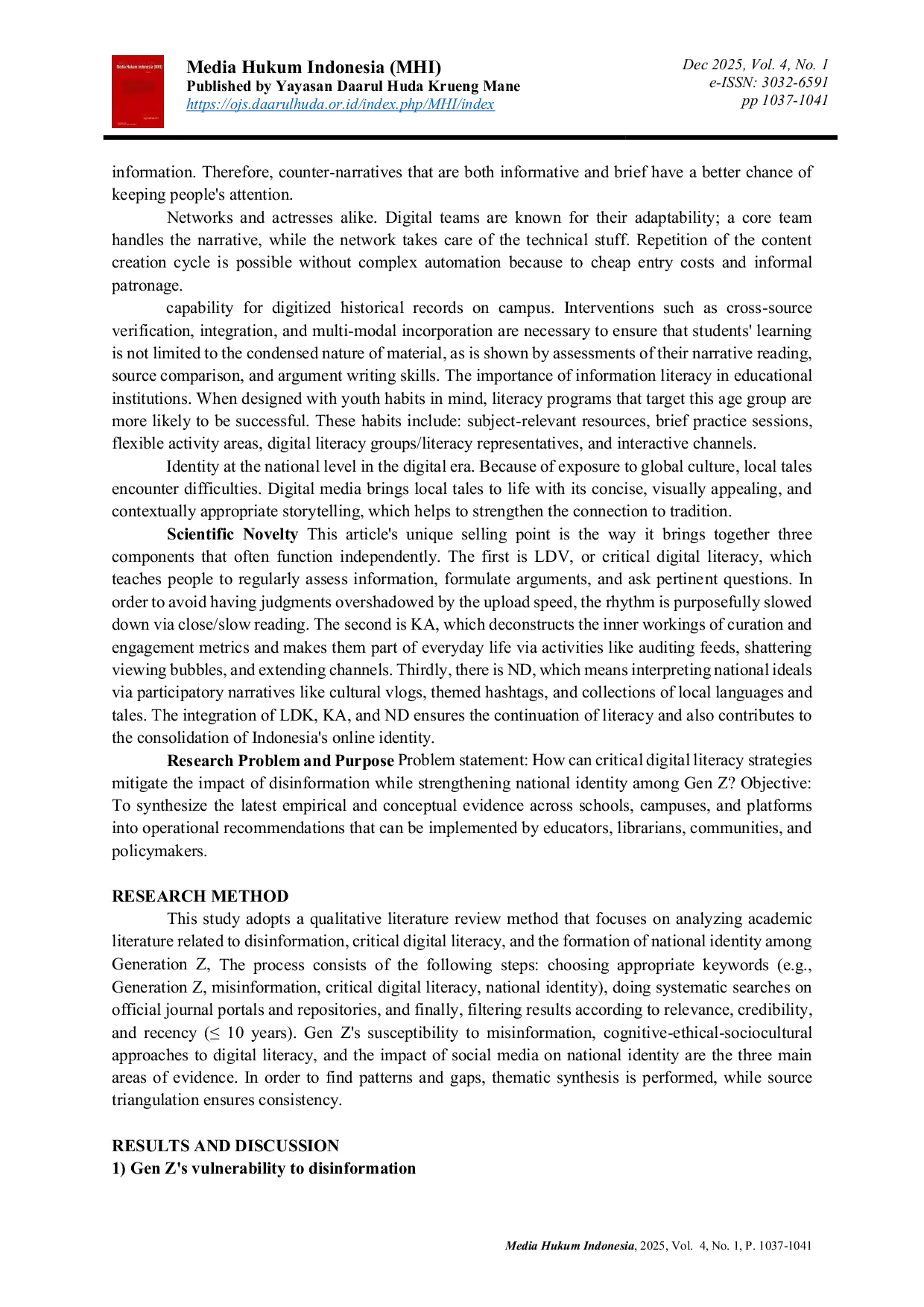 JURIS Generation Z Disinformation and Critical Digital Literacy Strengthening National Identity in the Social Media Era