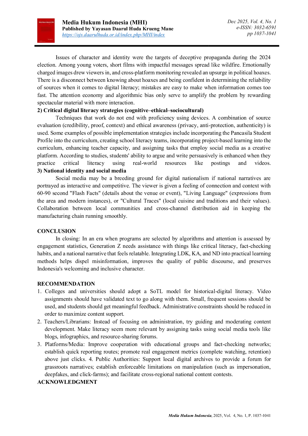 JURIS Generation Z Disinformation and Critical Digital Literacy Strengthening National Identity in the Social Media Era
