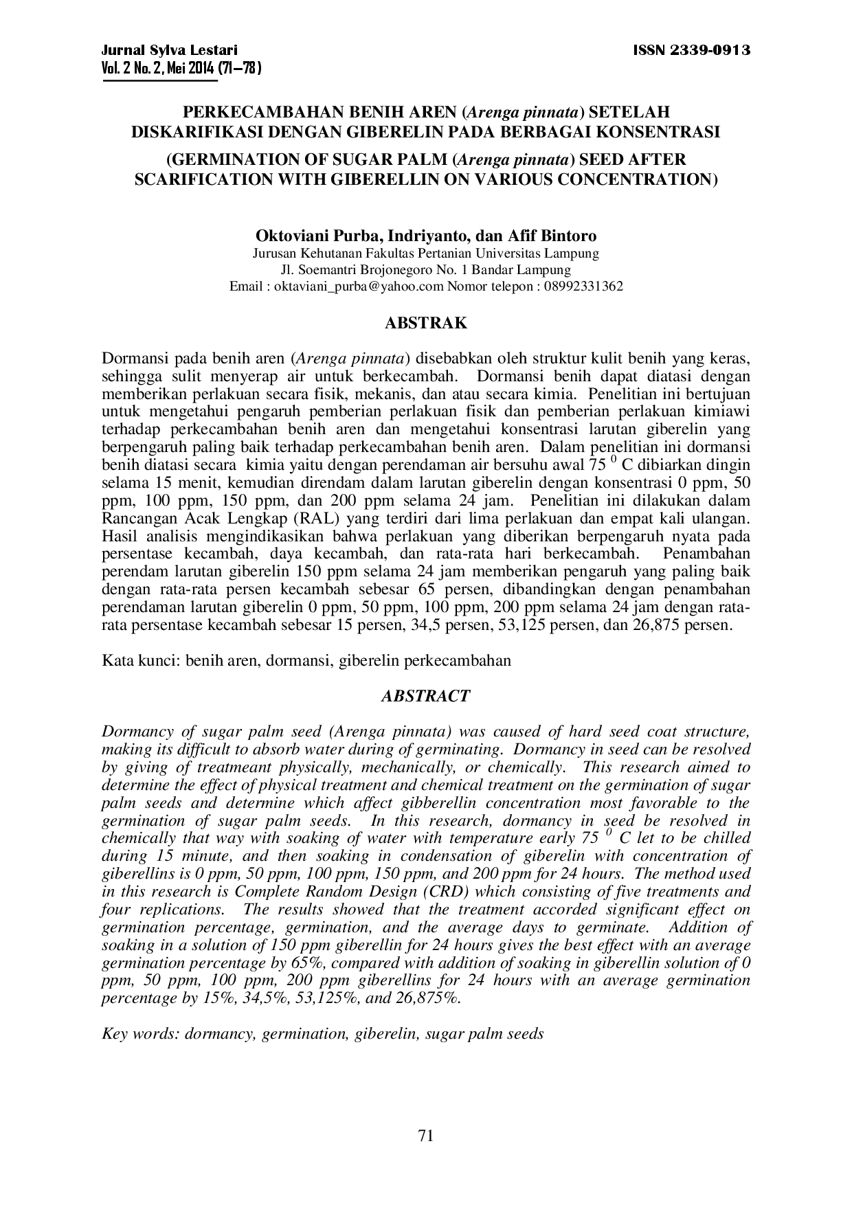 juris Perkecambahan Benih Aren Arenga Pinnata Setelah Diskarifikasi Dengan Giberelin Pada Berbagai Konsentrasi