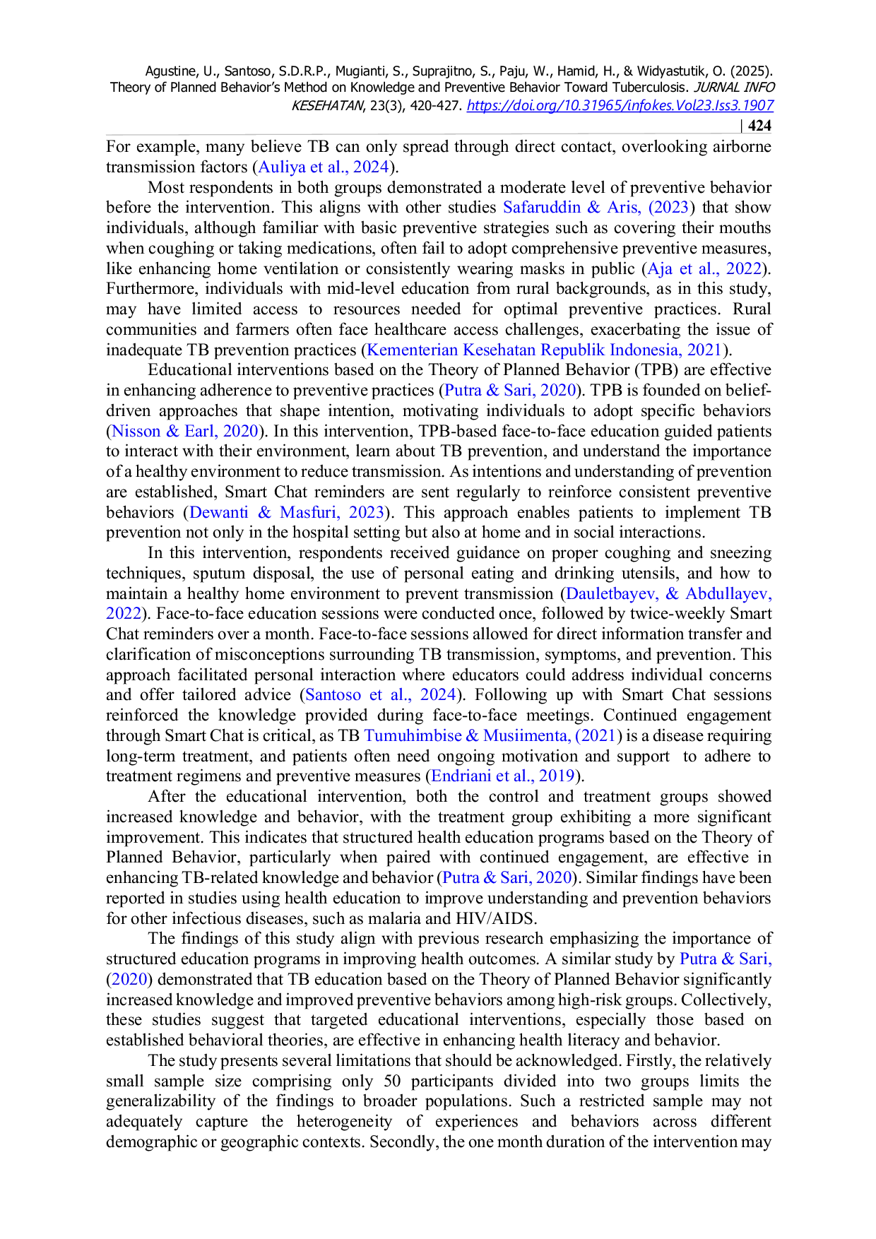 JURIS Metode Theory of Planned Behavior terhadap Pengetahuan dan Perilaku Pencegahan Tuberculosis
