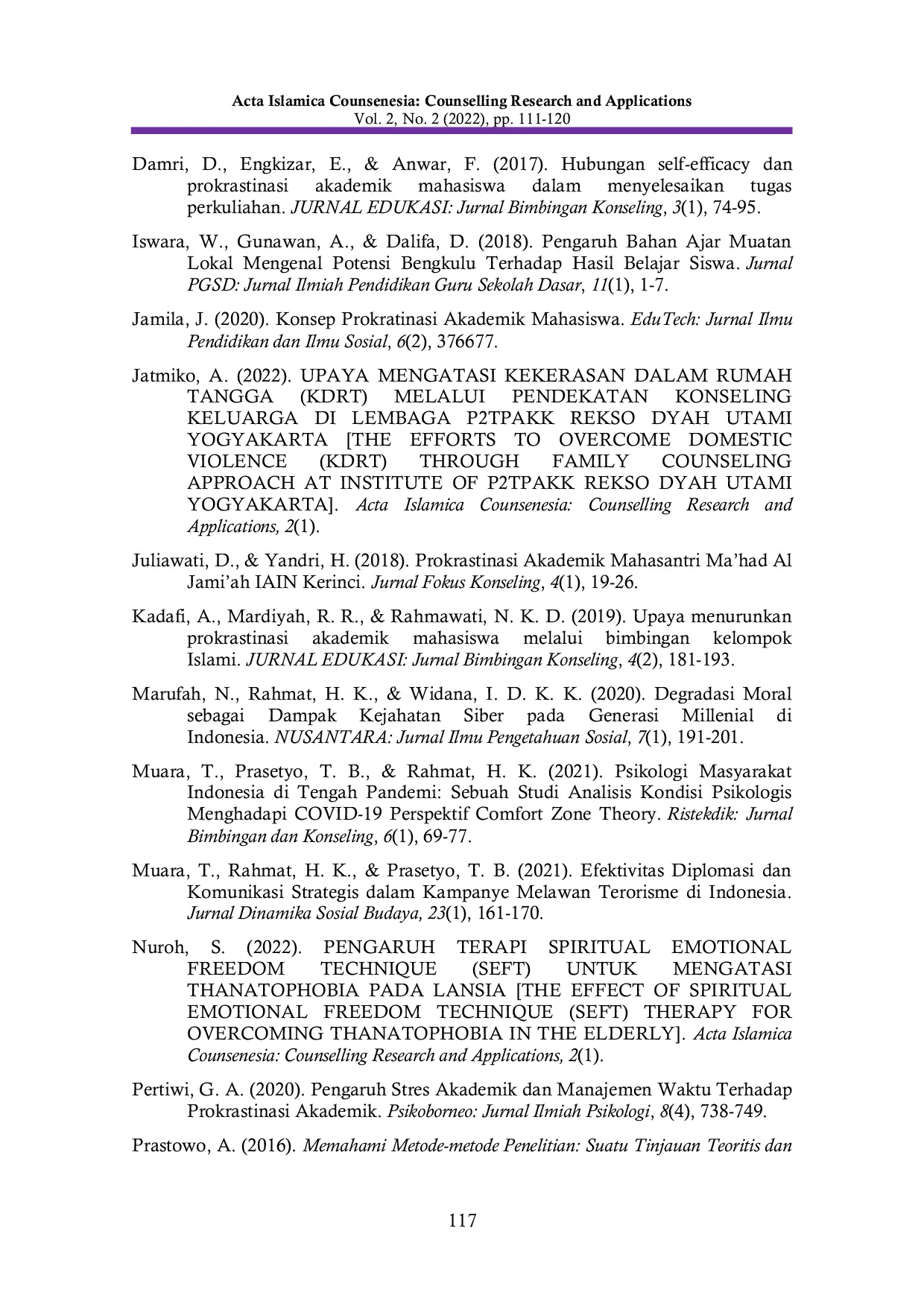 JURIS Efektivitas Bimbingan Manajemen Waktu Dalam Upaya Mengurangi Perilaku Prokrastinasi Akademik Santri Pondok Pesantren Inayatullah Yogyakarta