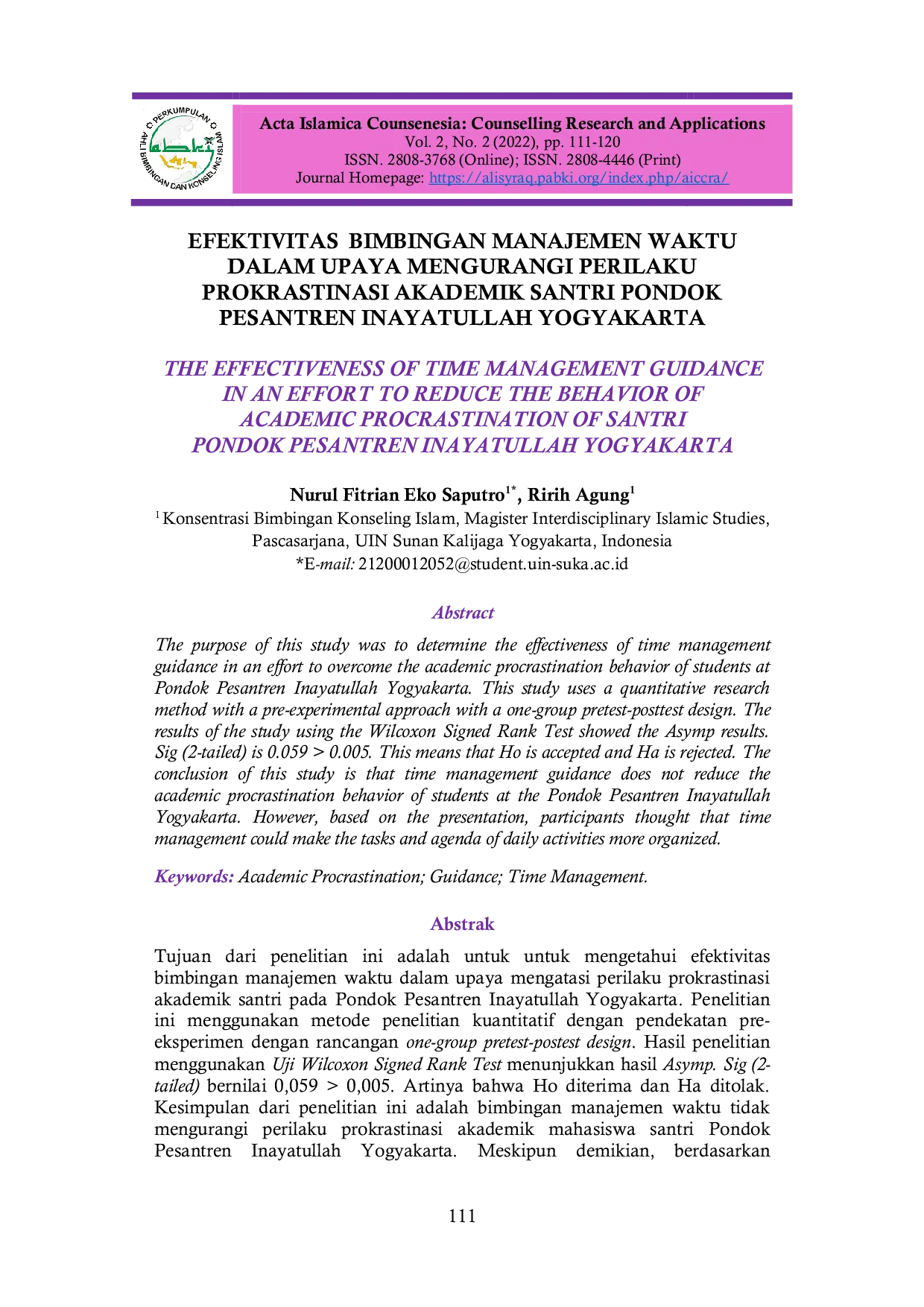 JURIS Efektivitas Bimbingan Manajemen Waktu Dalam Upaya Mengurangi Perilaku Prokrastinasi Akademik Santri Pondok Pesantren Inayatullah Yogyakarta