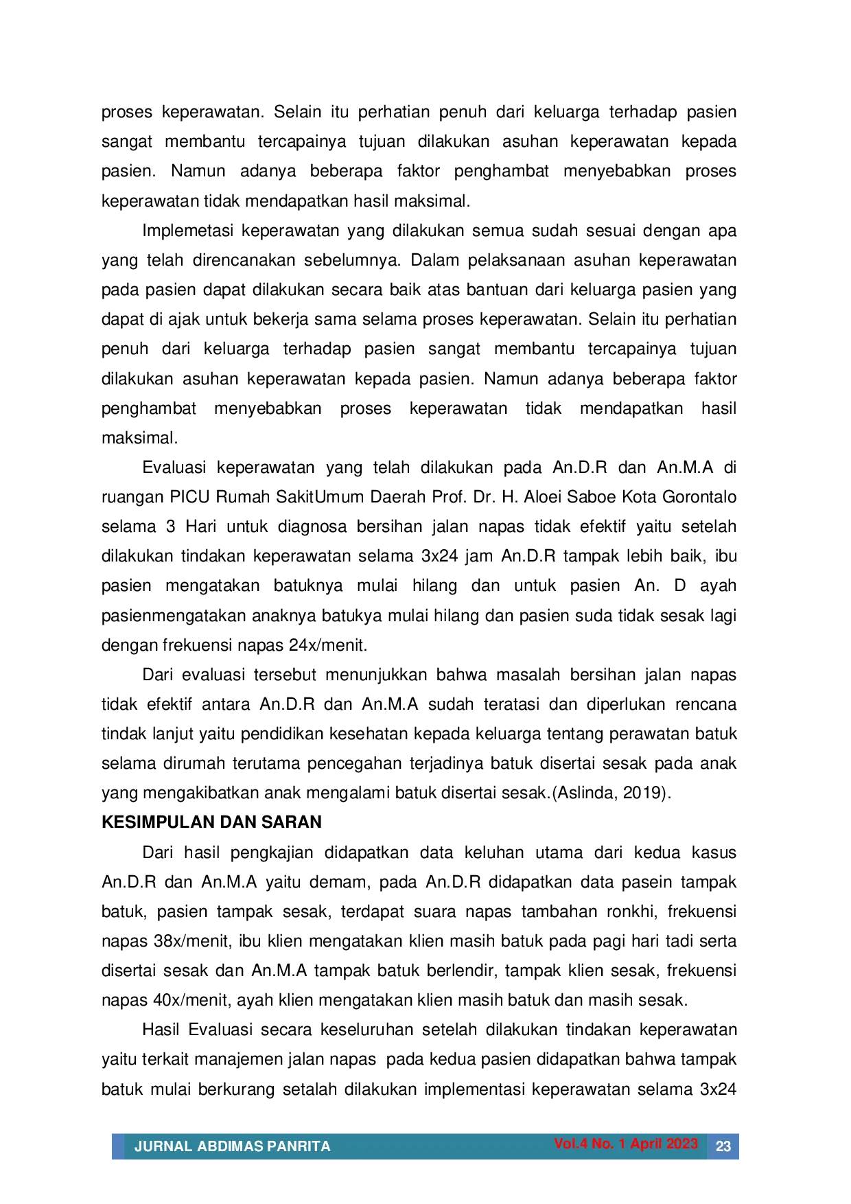 juris Analisis Asuhan Keperawatan Pada Anak Bronkopneumonia Dengan Masalah Keperawatan Bersihan Jalan Napas Tidak Efektif Dengan Tindakan Fisioterapi Dada