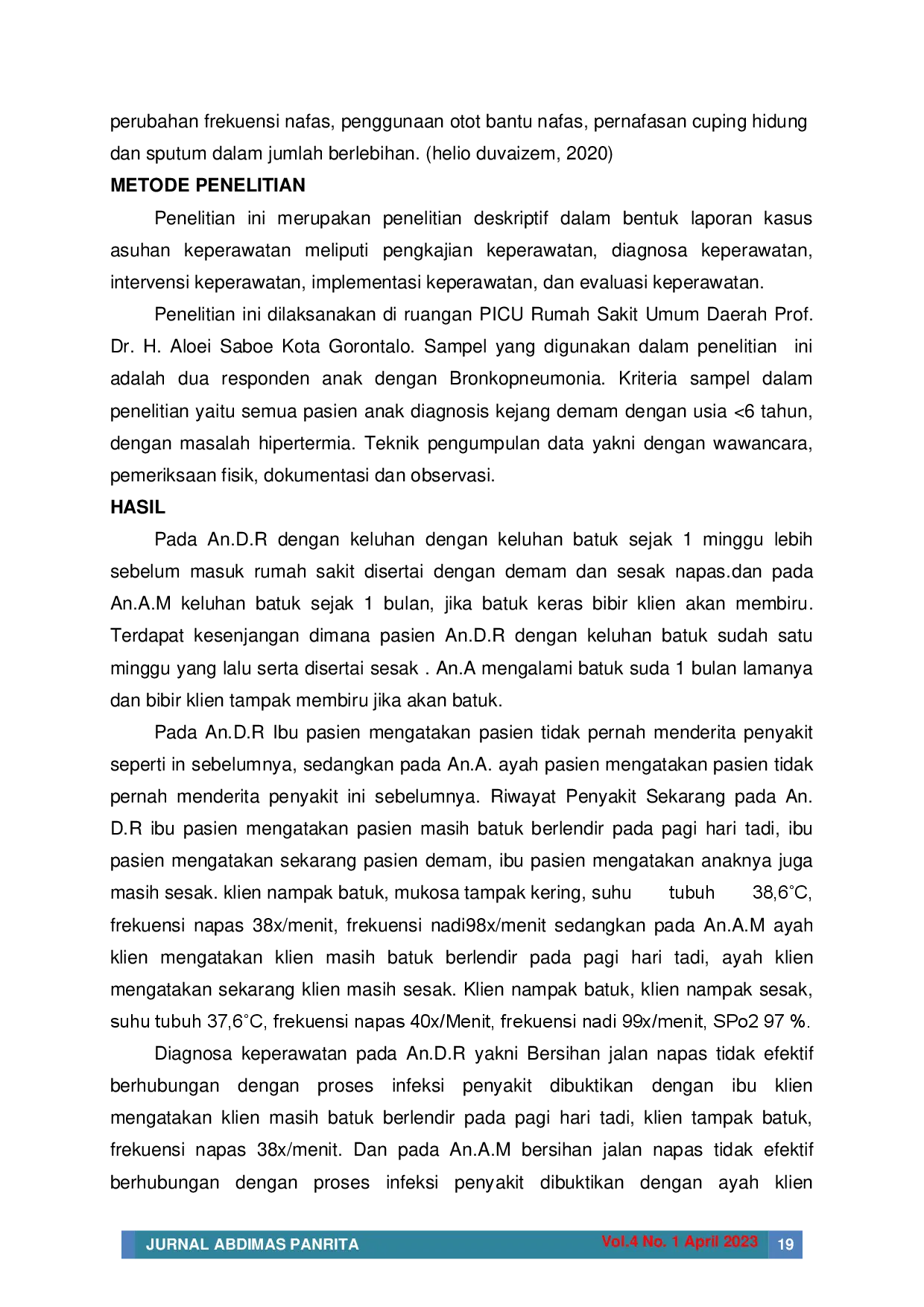 juris Analisis Asuhan Keperawatan Pada Anak Bronkopneumonia Dengan Masalah Keperawatan Bersihan Jalan Napas Tidak Efektif Dengan Tindakan Fisioterapi Dada