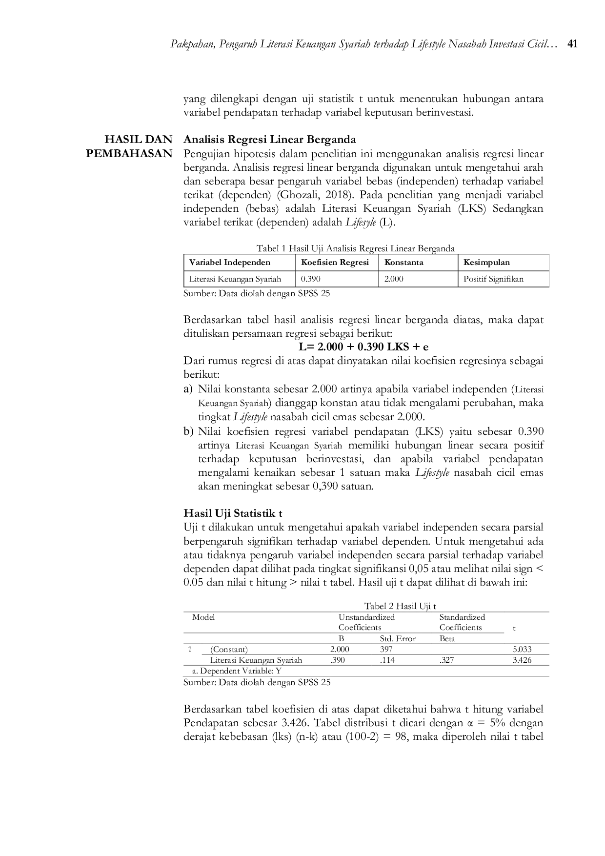 JURIS Pengaruh Literasi Keuangan Syariah Terhadap Lifestyle Nasabah Investasi Cicil Emas Bank Syariah Indonesia Di Kota Medan