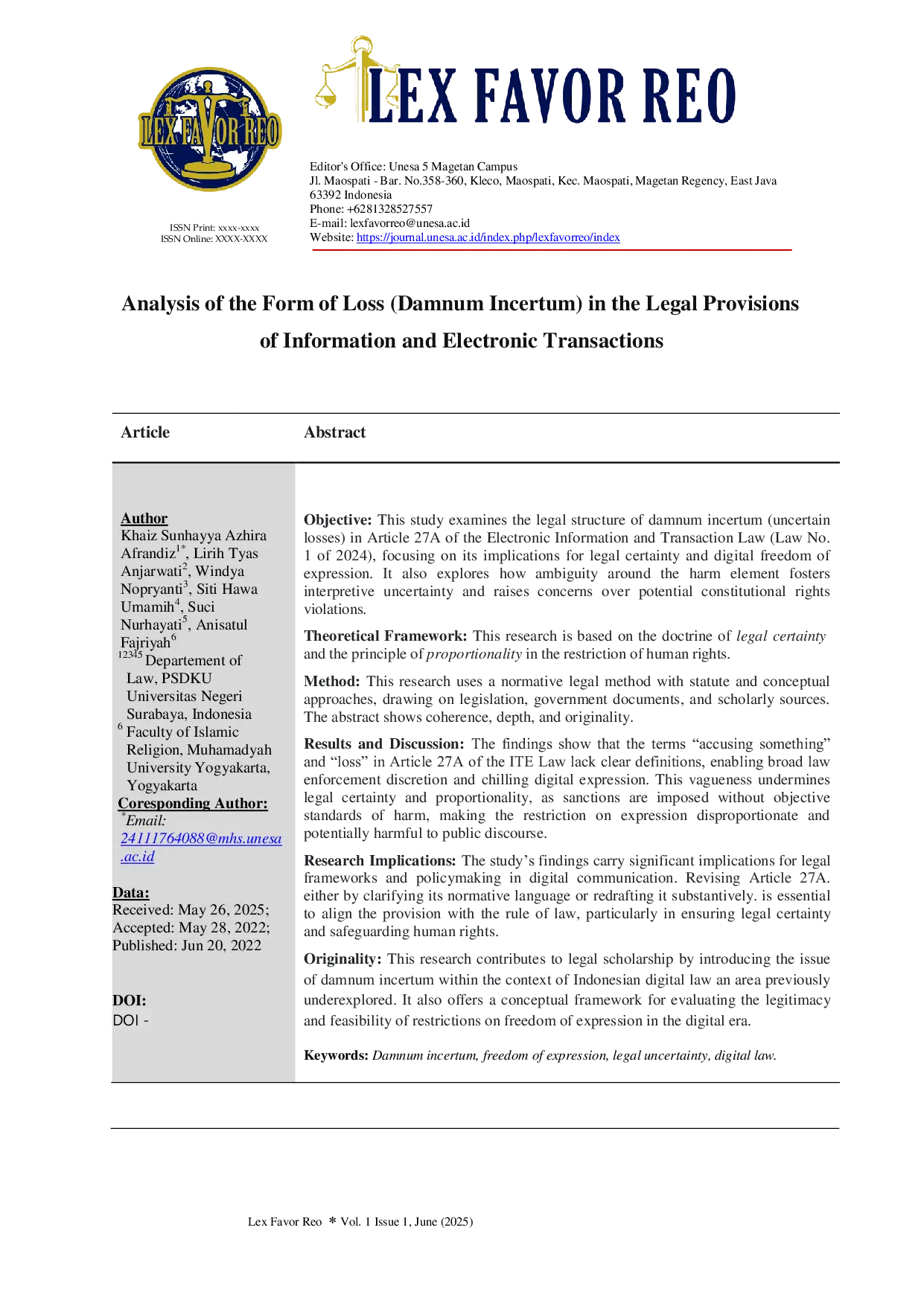 JURIS Analysis of the Form of Loss Damnum Incertum in the Legal Provisions of Information and Electronic Transactions