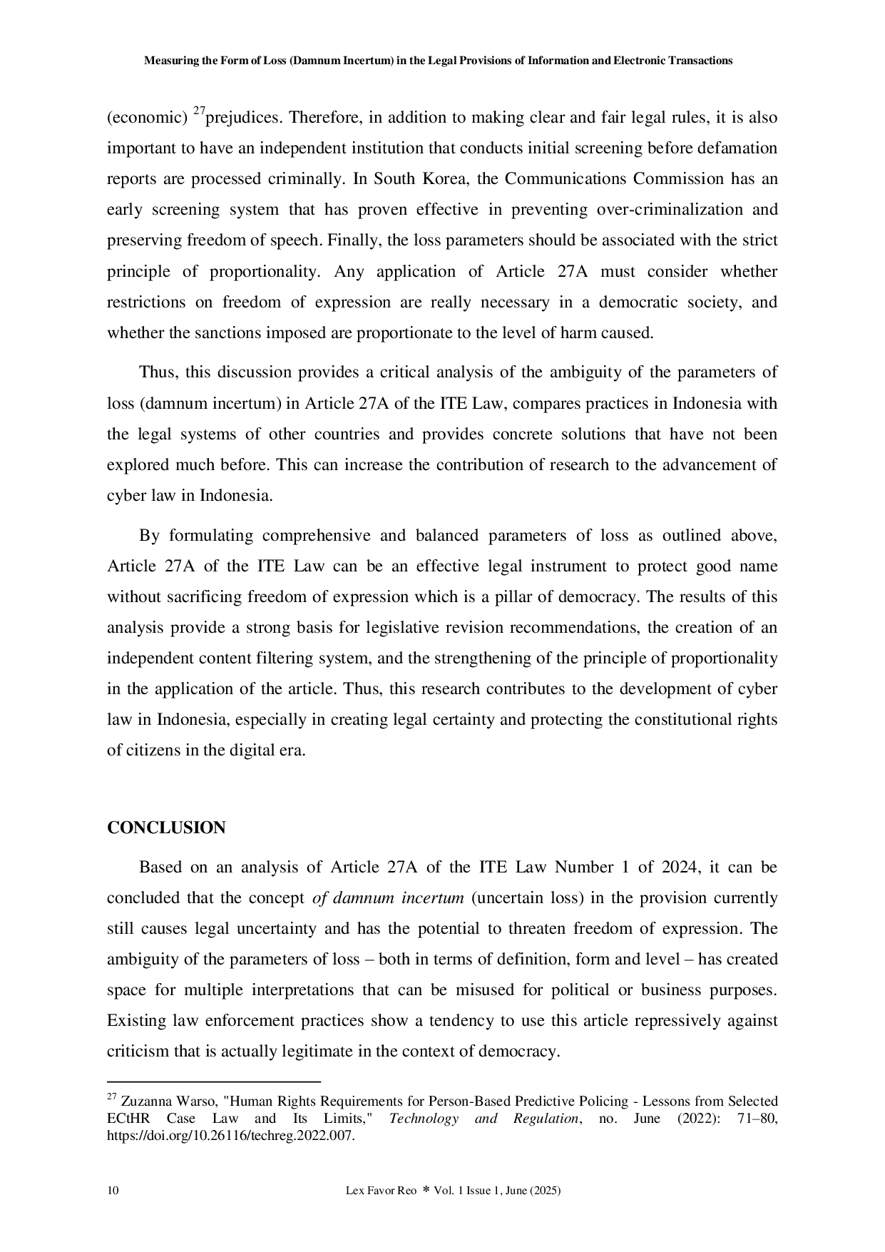 JURIS Analysis of the Form of Loss Damnum Incertum in the Legal Provisions of Information and Electronic Transactions