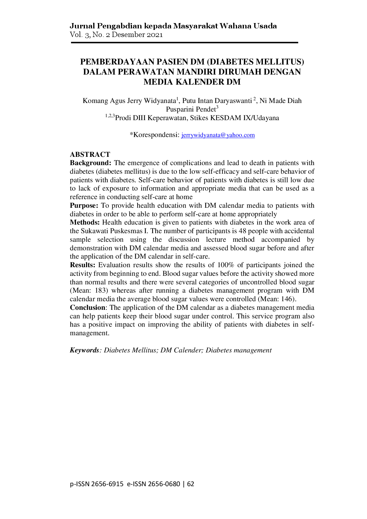 juris Pemberdayaan Pasien DM Diabetes Mellitus Dalam Perawatan Mandiri Dirumah Dengan Media Kalender DM