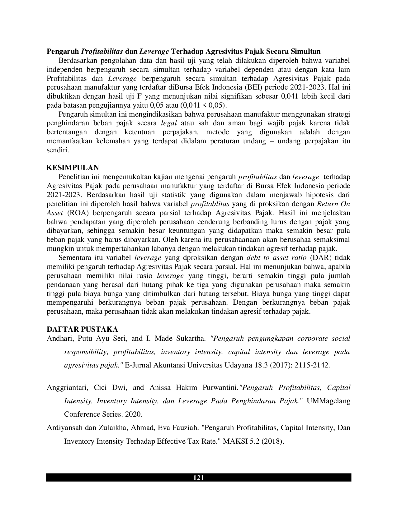 JURIS Pengaruh Profitabilitas Dan Leverage Terhadap Agresivitas Pajak