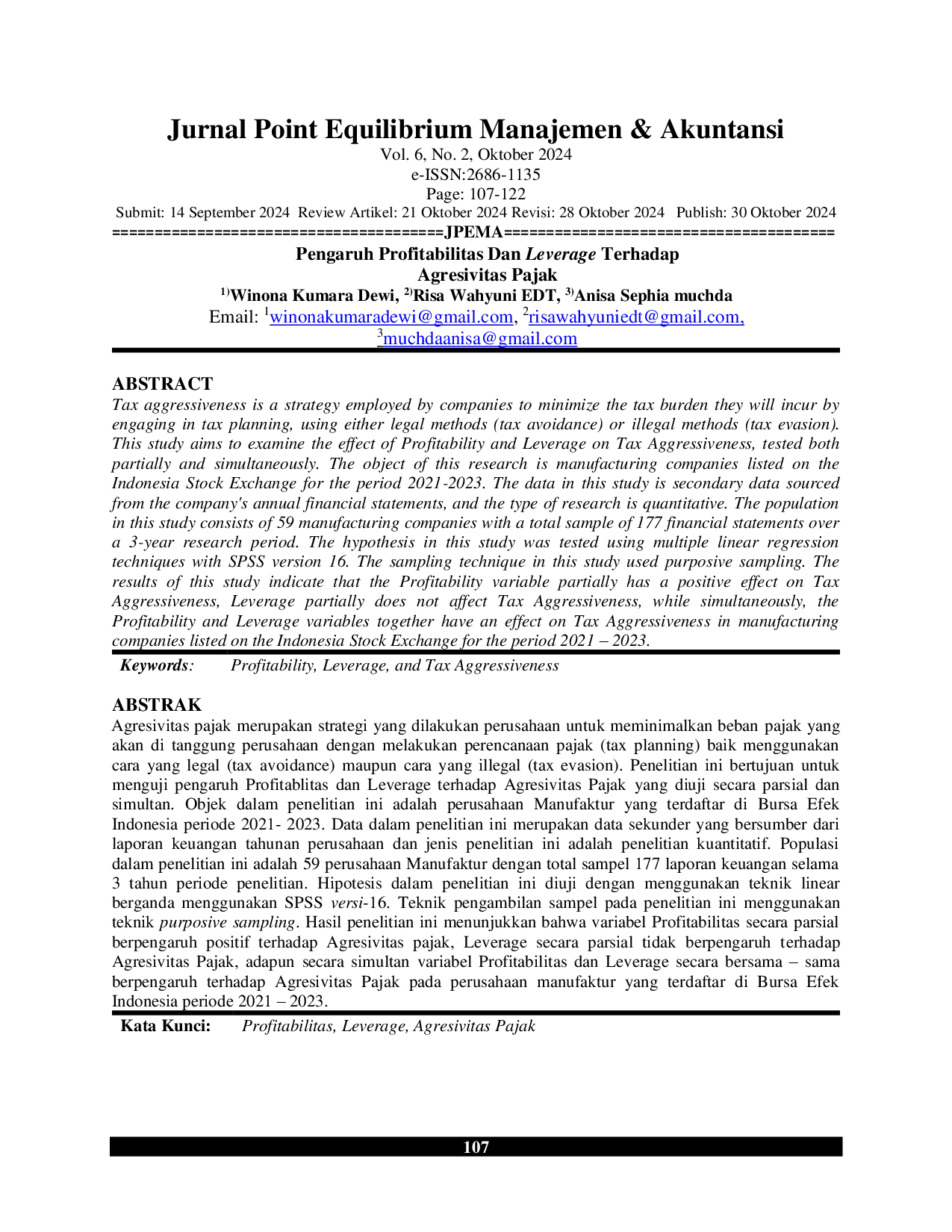 JURIS Pengaruh Profitabilitas Dan Leverage Terhadap Agresivitas Pajak