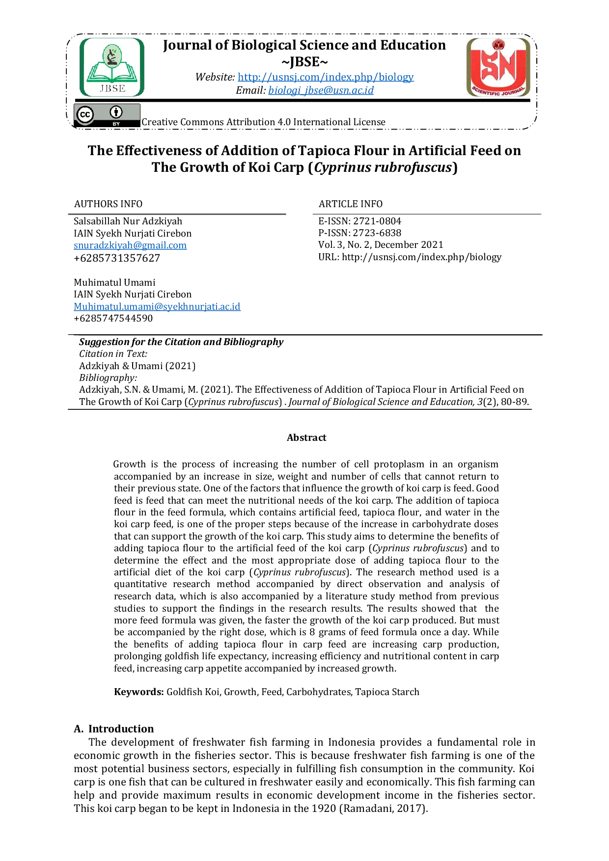 JURIS The Effectiveness of Addition of Tapioca Flour in Artificial Feed on The Growth of Koi Carp Cyprinus rubrofuscus