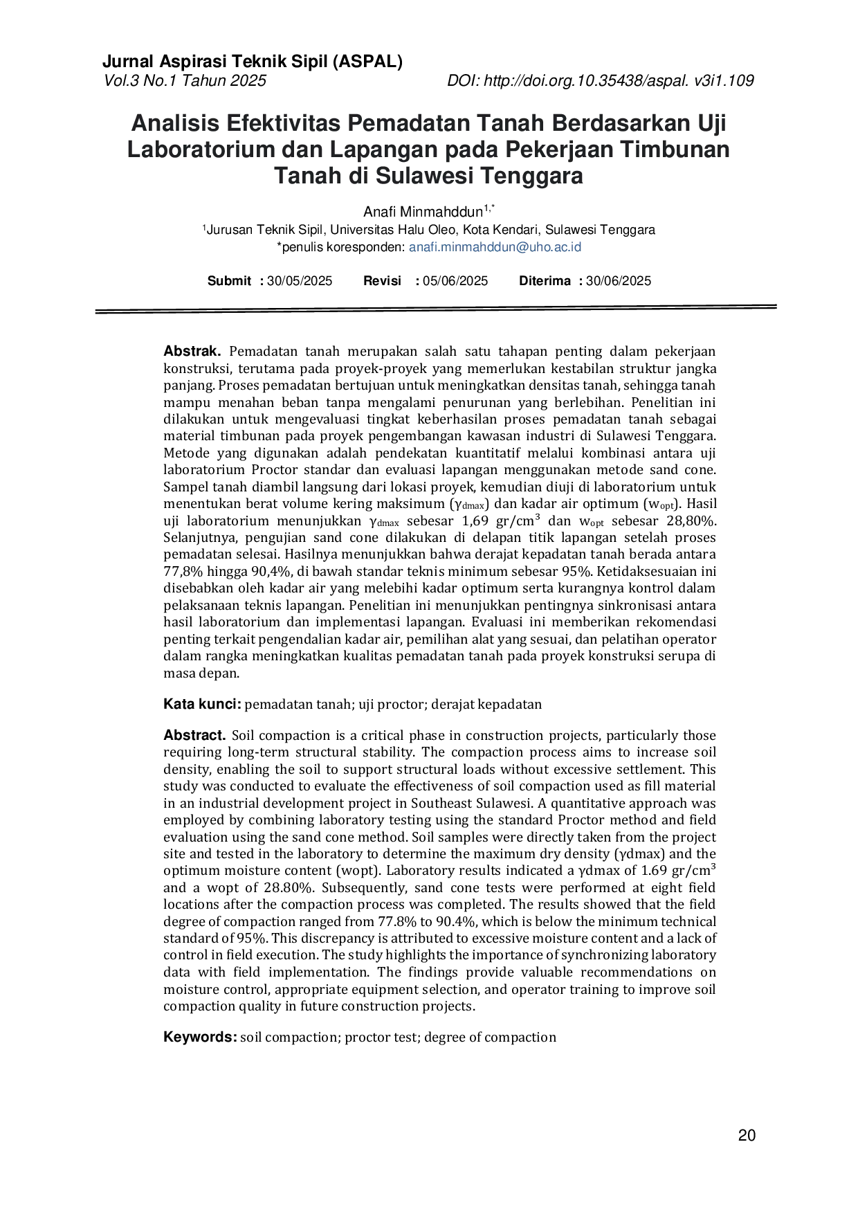 JURIS Analisis Efektivitas Pemadatan Tanah Berdasarkan Uji Laboratorium dan Lapangan pada Pekerjaan Timbunan Tanah di Sulawesi Tenggara