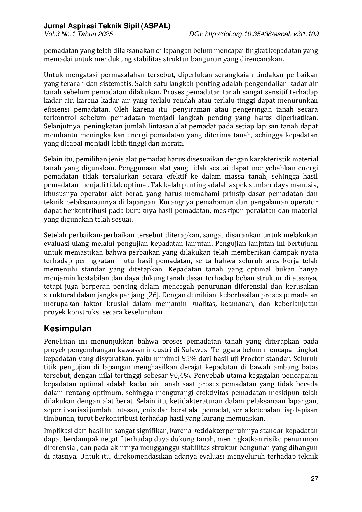 JURIS Analisis Efektivitas Pemadatan Tanah Berdasarkan Uji Laboratorium dan Lapangan pada Pekerjaan Timbunan Tanah di Sulawesi Tenggara