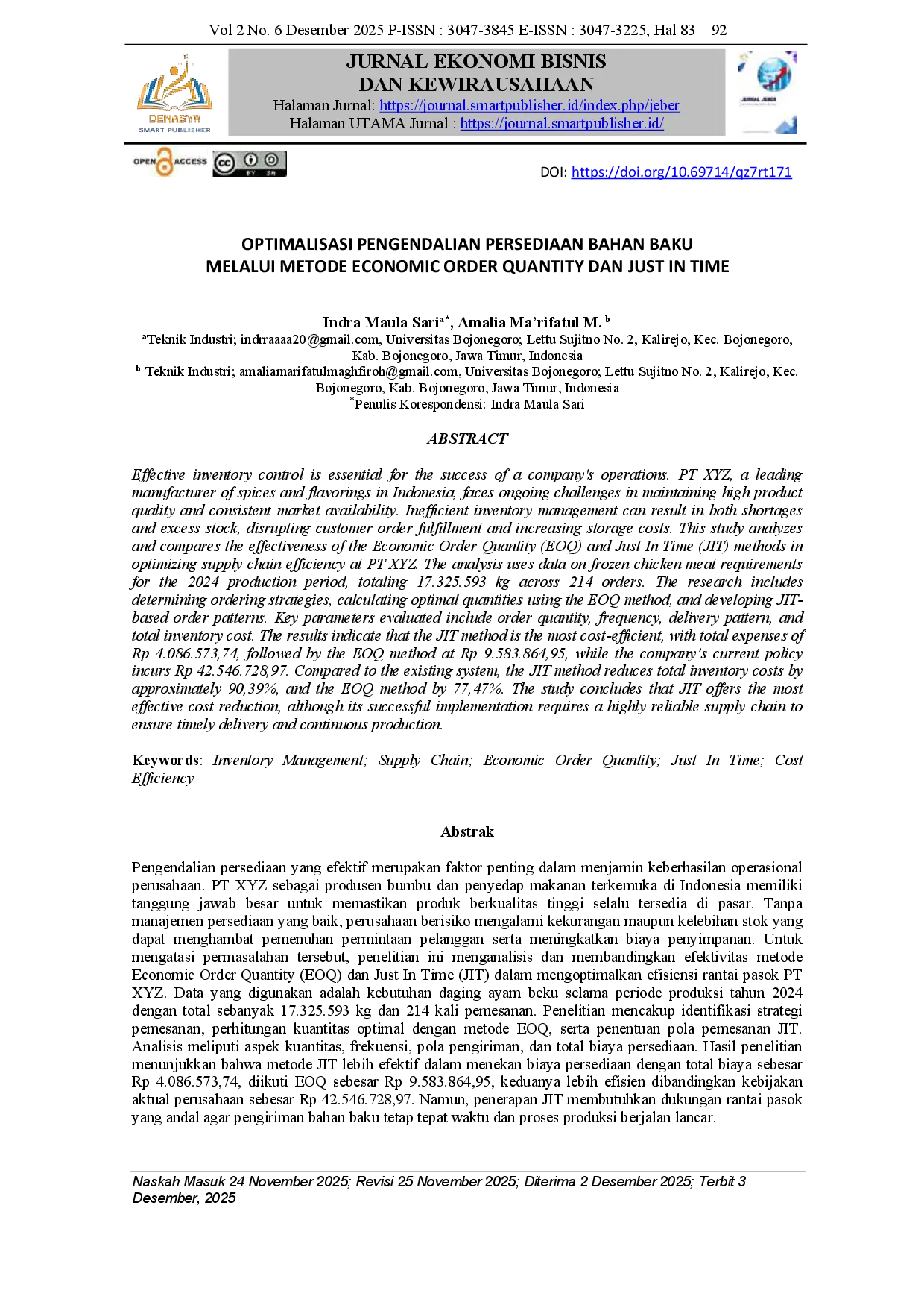 juris Optimalisasi Pengendalian Persediaan Bahan Baku Melalui Metode Economic Order Quantity Dan Just In Time