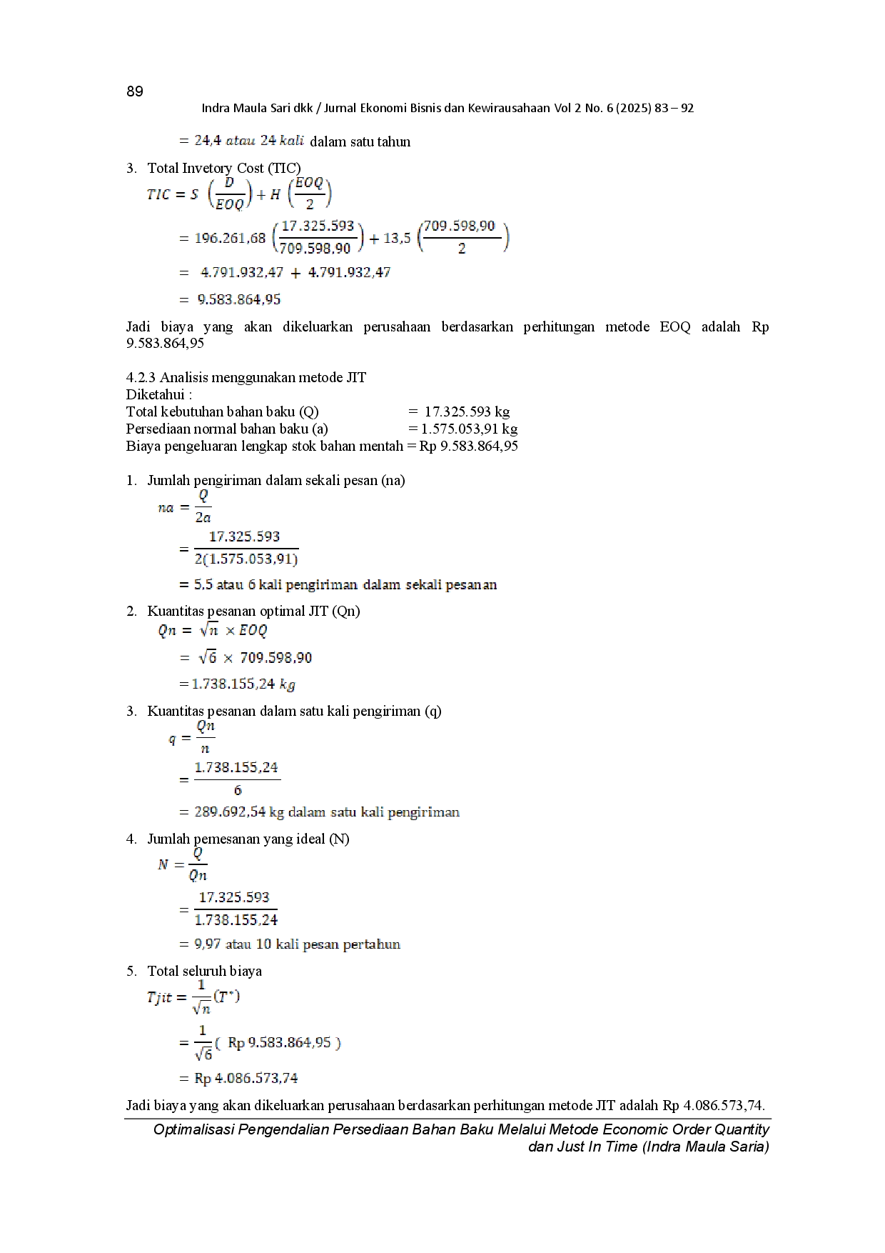 juris Optimalisasi Pengendalian Persediaan Bahan Baku Melalui Metode Economic Order Quantity Dan Just In Time