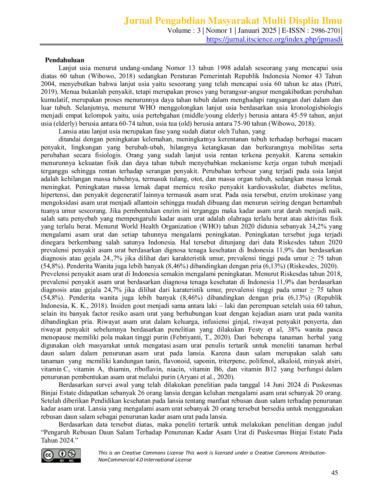 JURIS Pengaruh Rebusan Daun Salam Terhadap Penurunan Kadar Asam Urat Pada Lansia di Puskesmas Binjai Estate