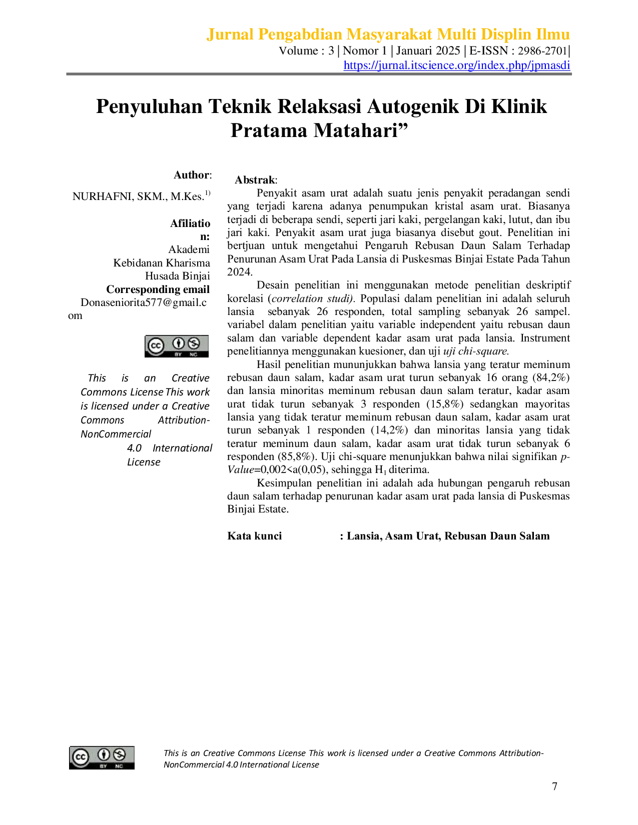 JURIS Pengaruh Rebusan Daun Salam Terhadap Penurunan Kadar Asam Urat Pada Lansia di Puskesmas Binjai Estate