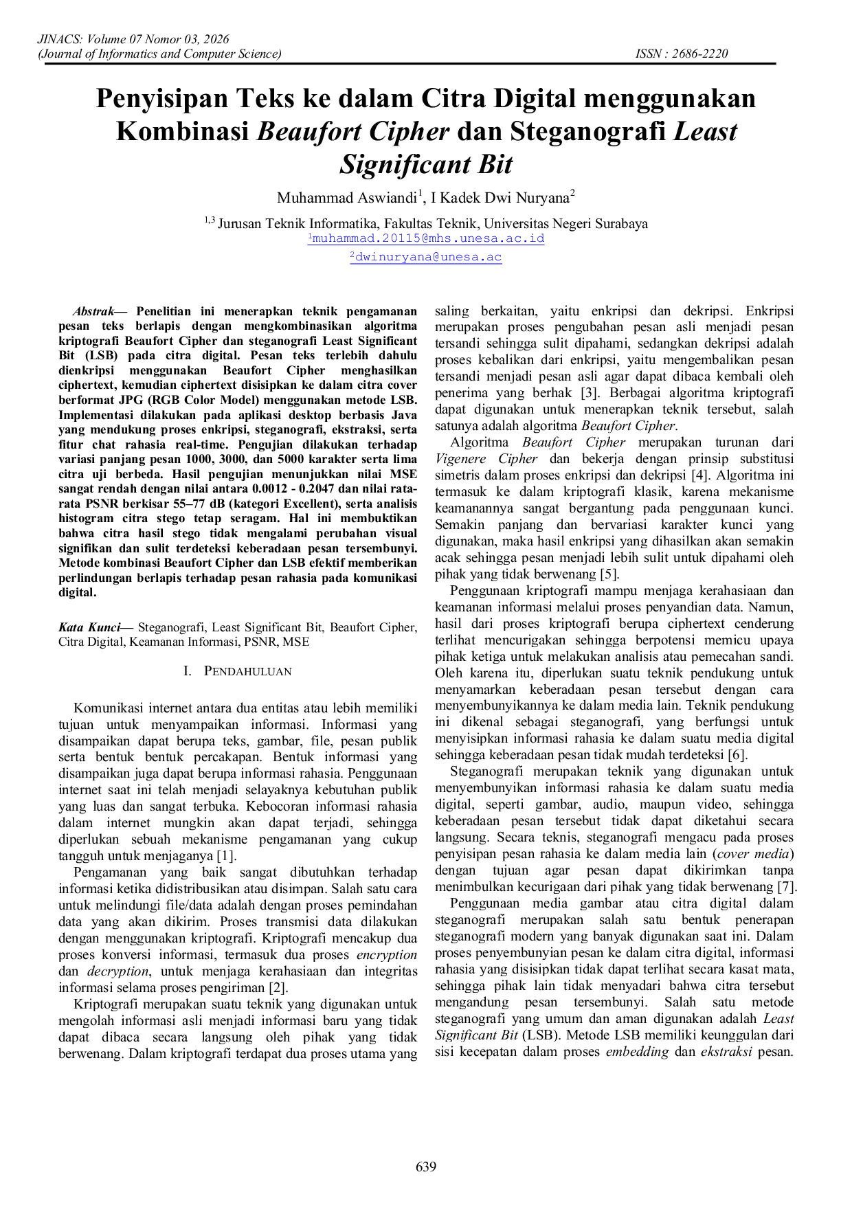 JURIS Penyisipan Teks ke dalam Citra Digital menggunakan Kombinasi Beaufort Cipher dan Steganografi Least Significant Bit