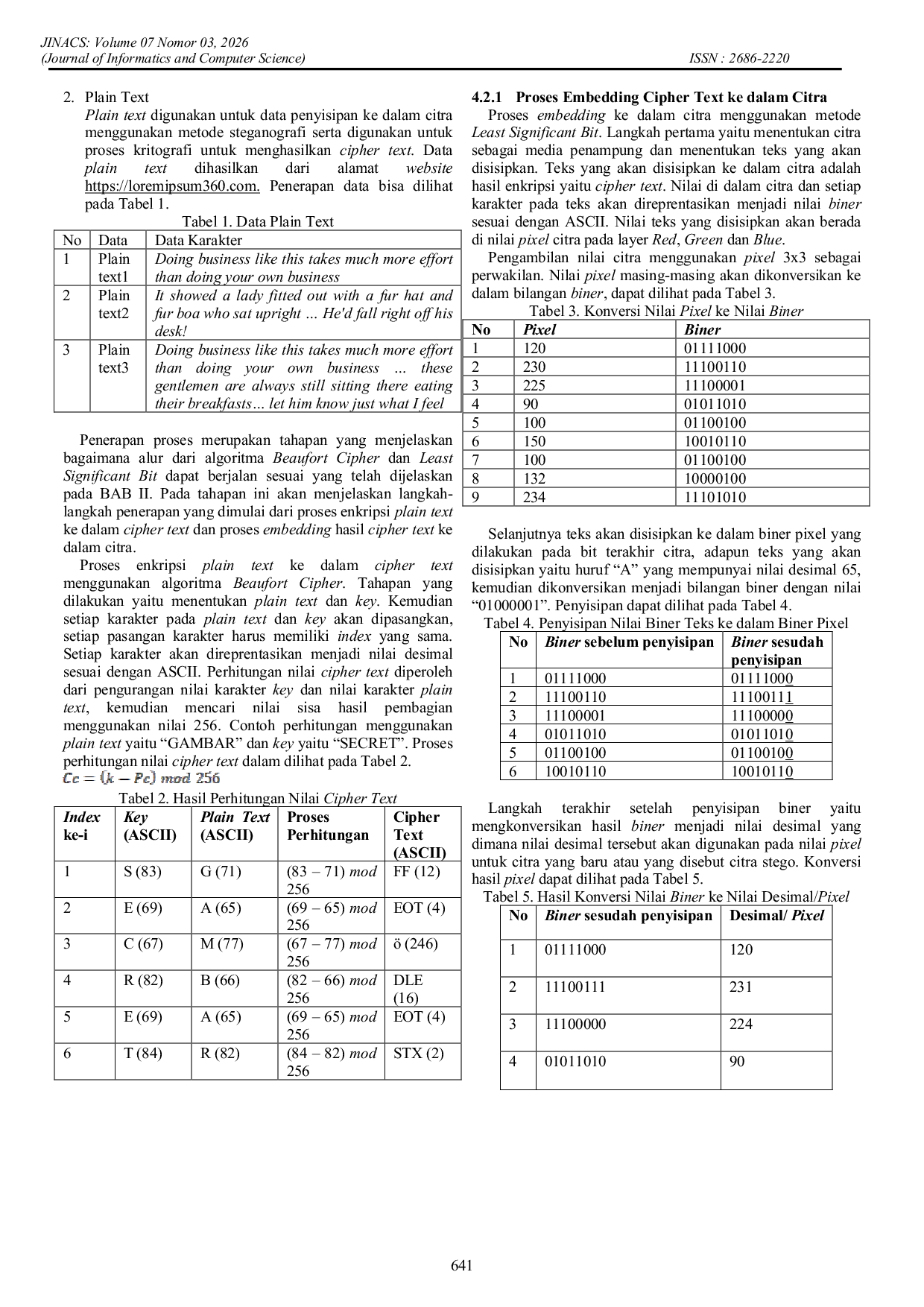 JURIS Penyisipan Teks ke dalam Citra Digital menggunakan Kombinasi Beaufort Cipher dan Steganografi Least Significant Bit