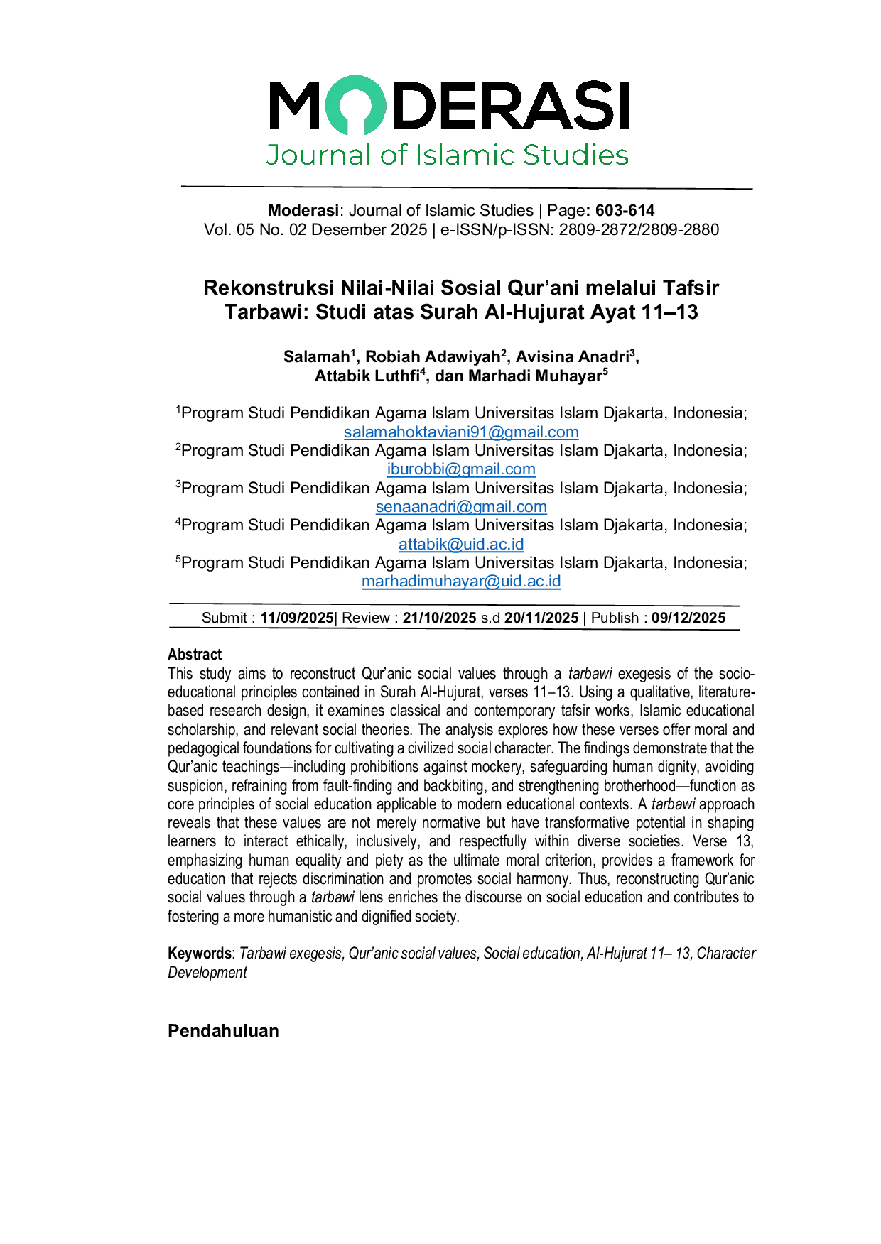 JURIS Rekonstruksi Nilai Nilai Sosial Qur ani melalui Tafsir Tarbawi Studi atas Surah Al Hujurat Ayat 11 13