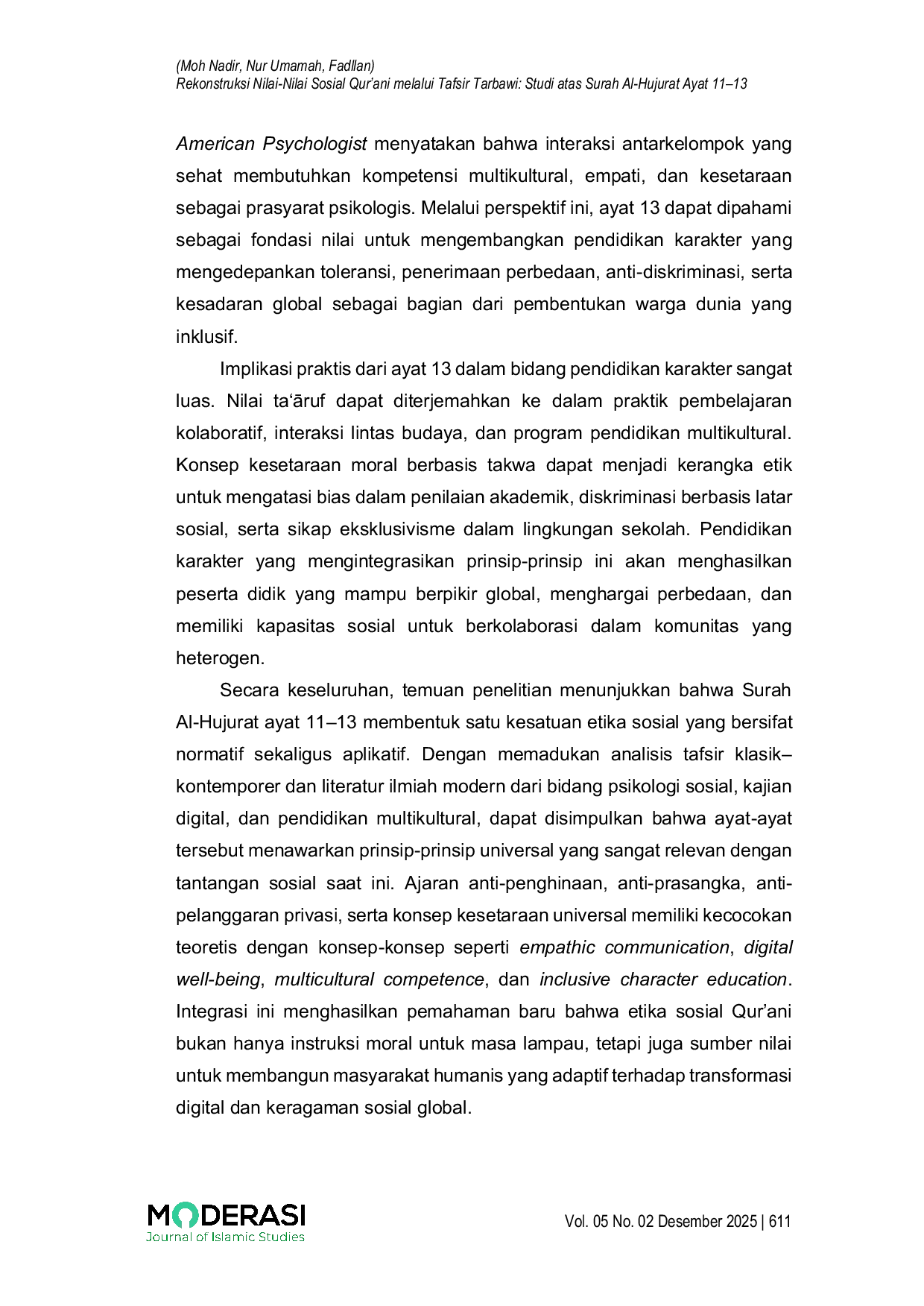 JURIS Rekonstruksi Nilai Nilai Sosial Qur ani melalui Tafsir Tarbawi Studi atas Surah Al Hujurat Ayat 11 13