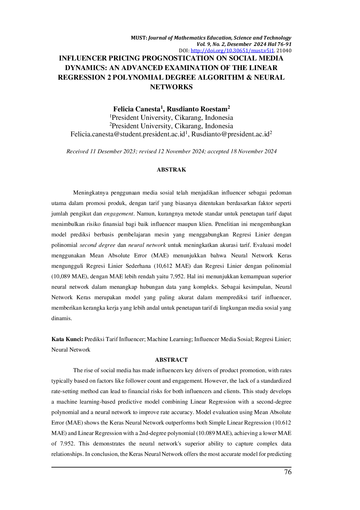 JURIS Influencer Pricing Prognostication on Social Media Dynamics An Advanced Examination of the Linear Regression 2 Polynomial Degree Algorithm Neural Networks