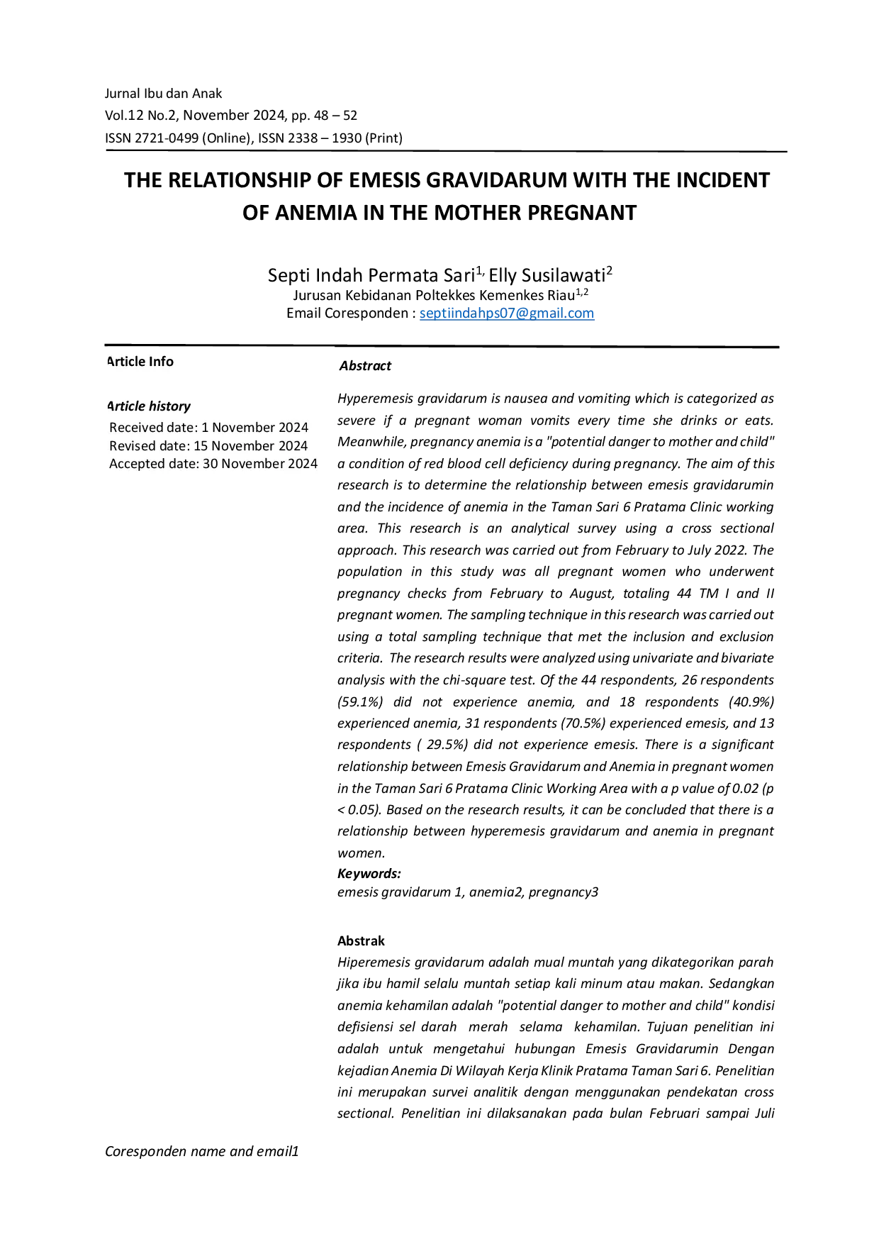 JURIS The Relationship of Emesis Gravidarum with the Incident of Anemia in the Mother Pregnant