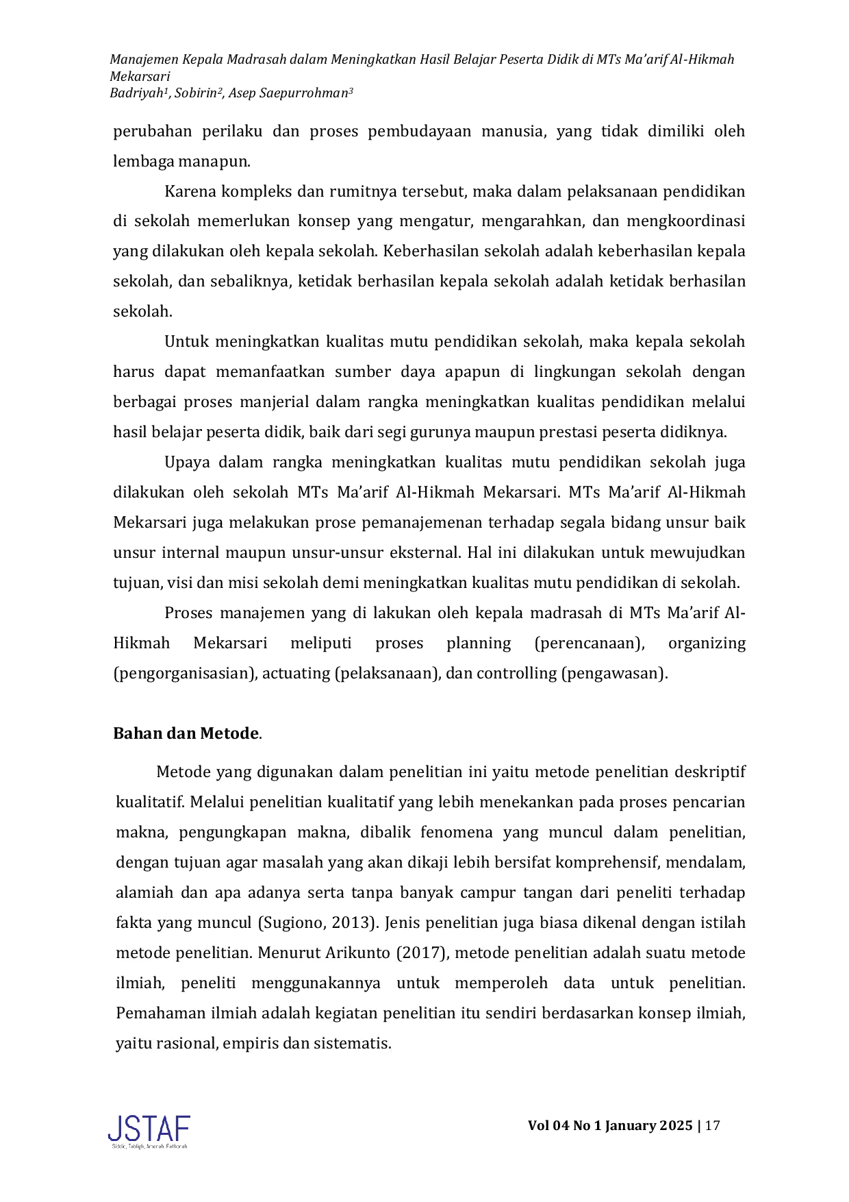 JURIS Manajemen Kepala Madrasah dalam Meningkatkan Hasil Belajar Peserta Didik di MTs Ma arif Al Hikmah Mekarsari