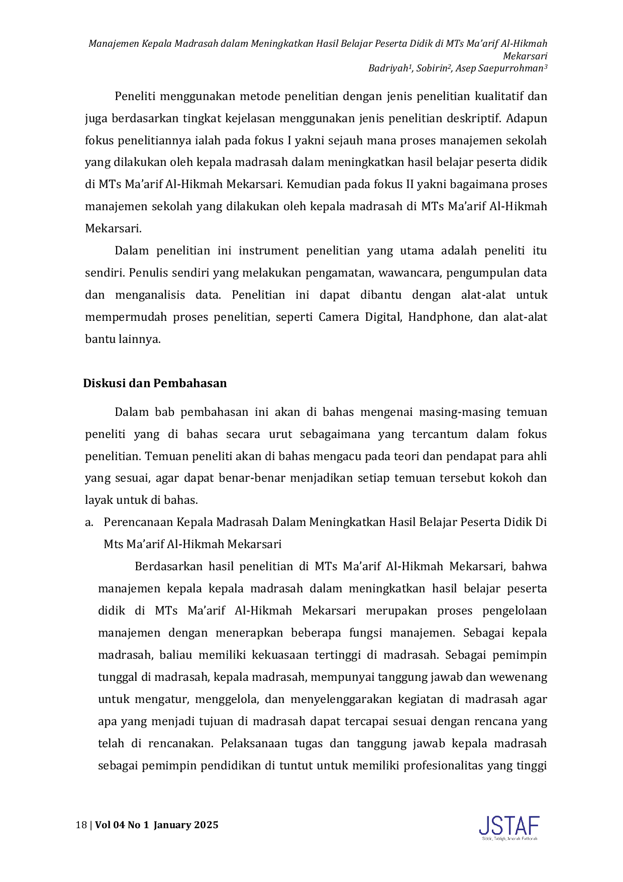 JURIS Manajemen Kepala Madrasah dalam Meningkatkan Hasil Belajar Peserta Didik di MTs Ma arif Al Hikmah Mekarsari