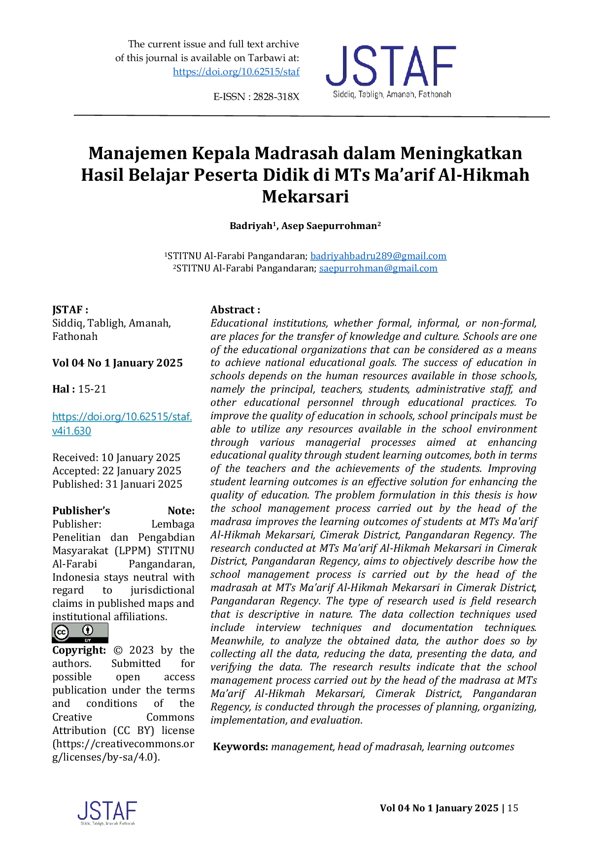 JURIS Manajemen Kepala Madrasah dalam Meningkatkan Hasil Belajar Peserta Didik di MTs Ma arif Al Hikmah Mekarsari