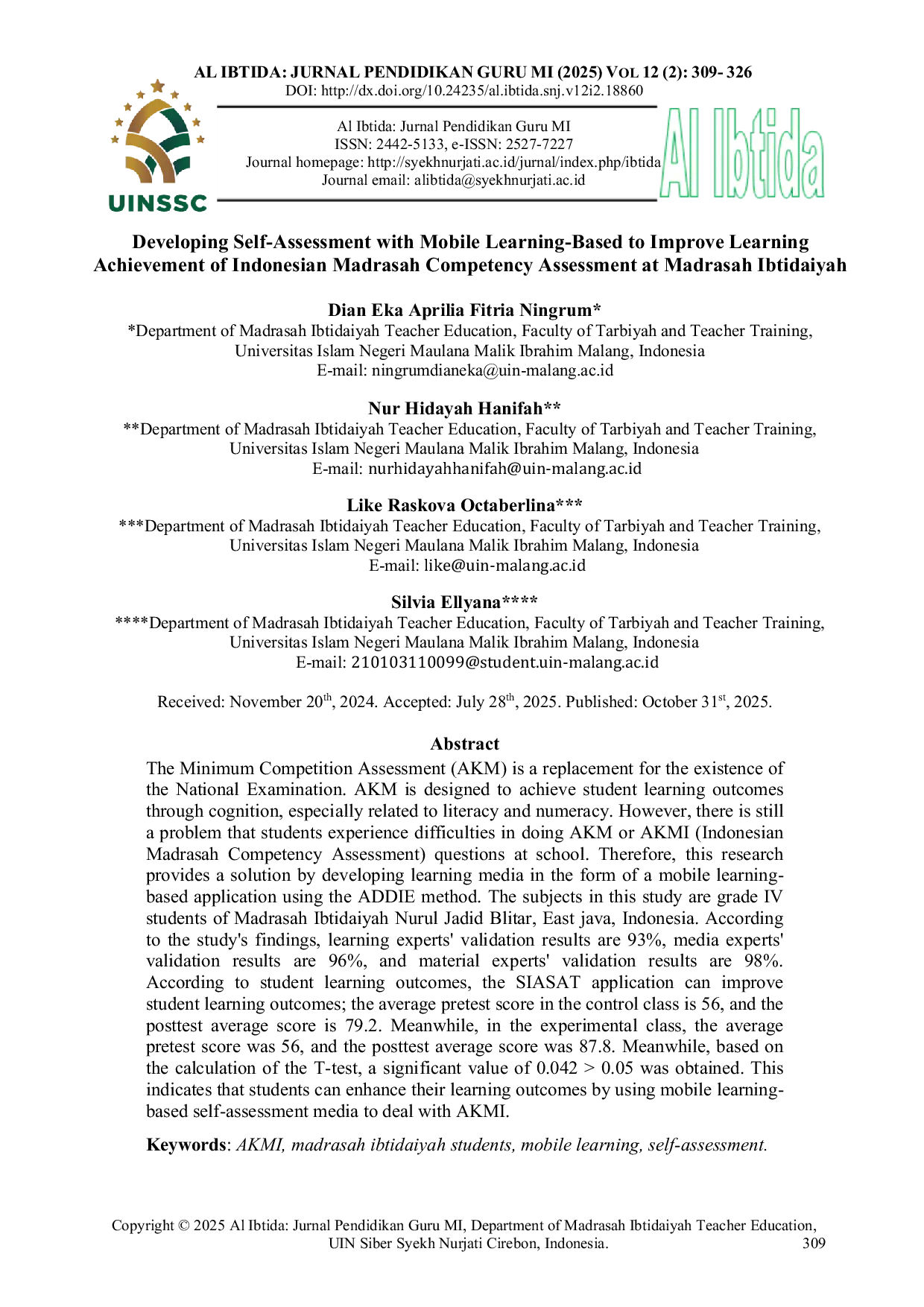 JURIS Developing Self Assessment with Mobile Learning Based to Improve Learning Achievement of Indonesian Madrasah Competency Assessment at Madrasah Ibtidaiyah