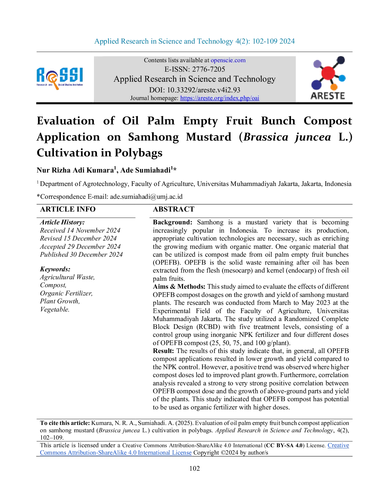 JURIS Evaluation of Oil Palm Empty Fruit Bunch Compost Application on Samhong Mustard Brassica juncea L Cultivation in Polybags