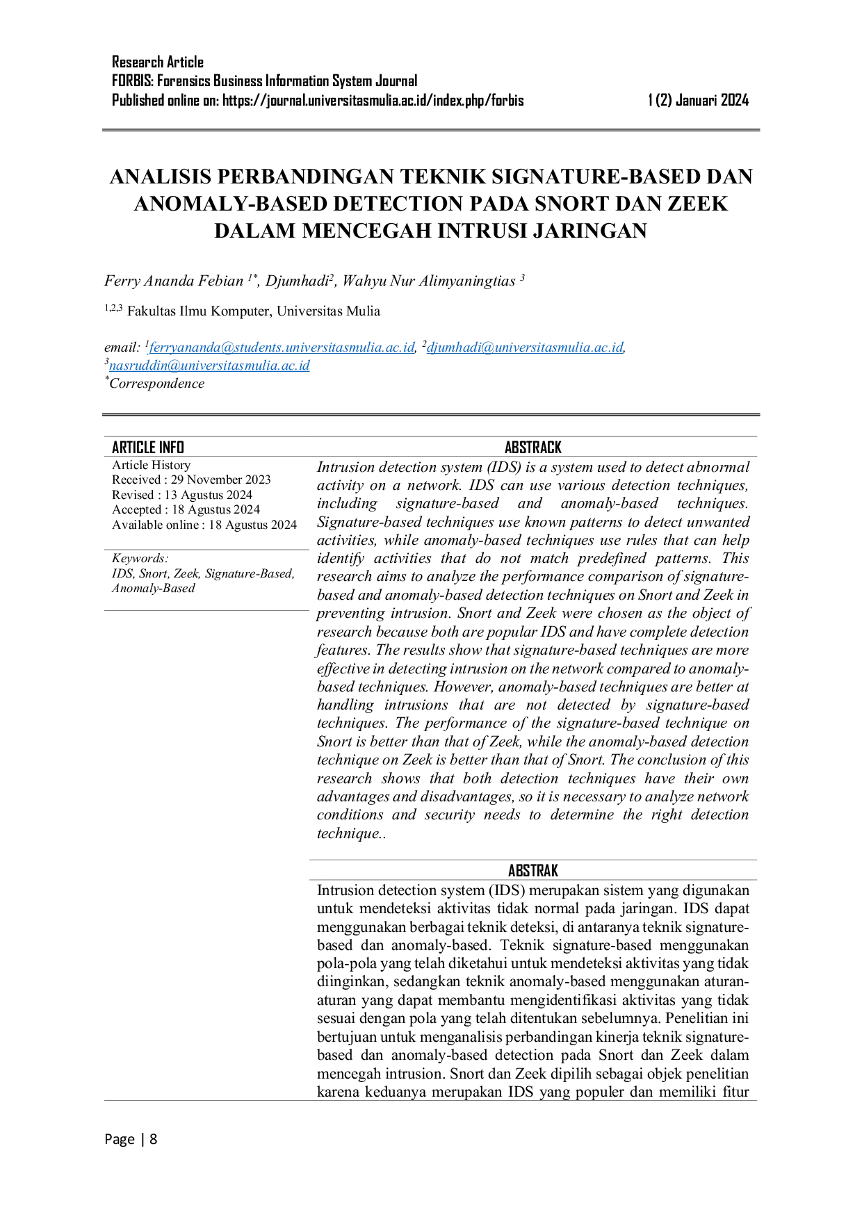 JURIS Analisis Perbandingan Teknik Signature Based Dan Anomaly Based Detection Pada Snort Dan Zeek Dalam Mencegah Intrusi Jaringan