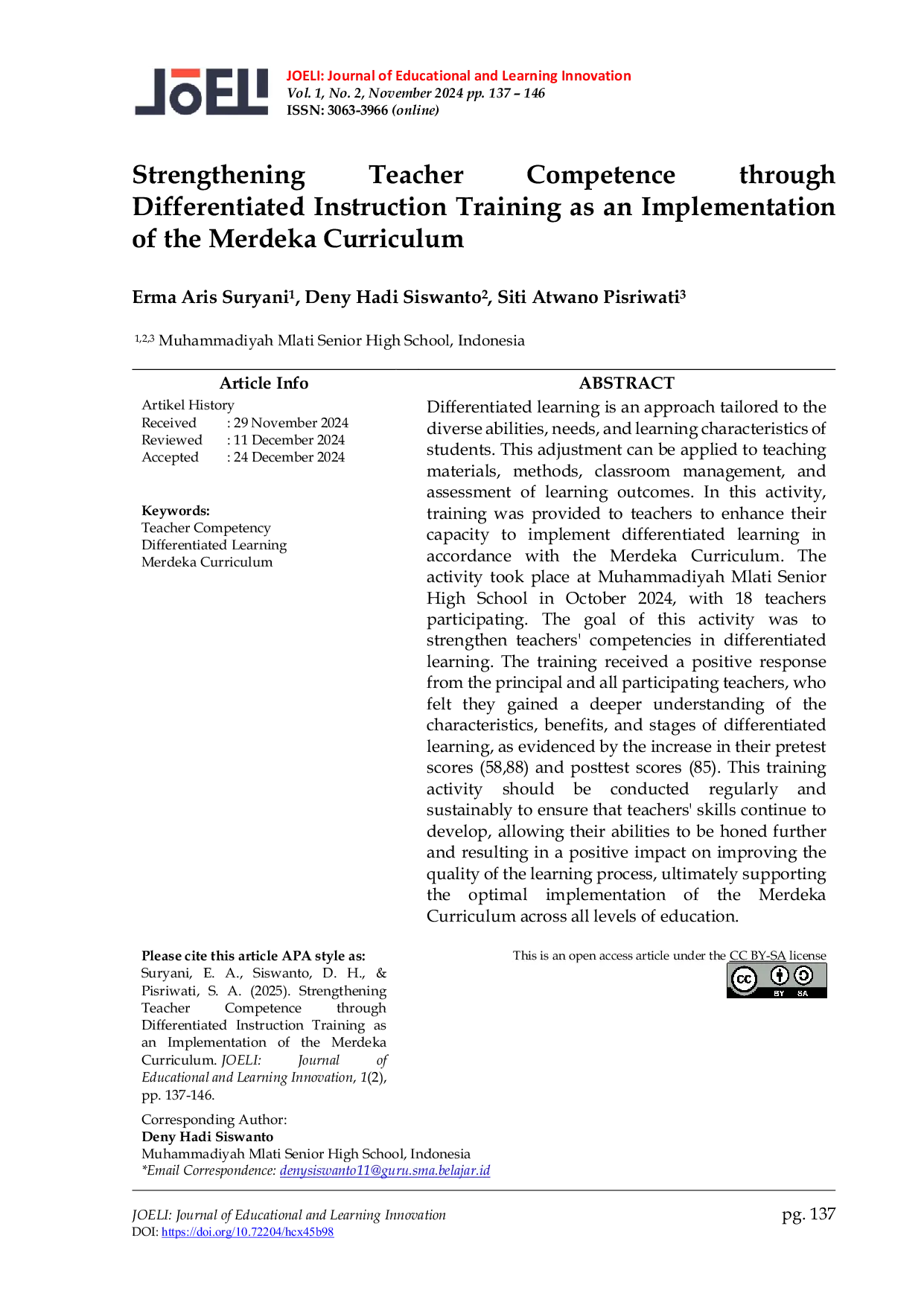 JURIS Strengthening Teacher Competence through Differentiated Instruction Training as an Implementation of the Merdeka Curriculum