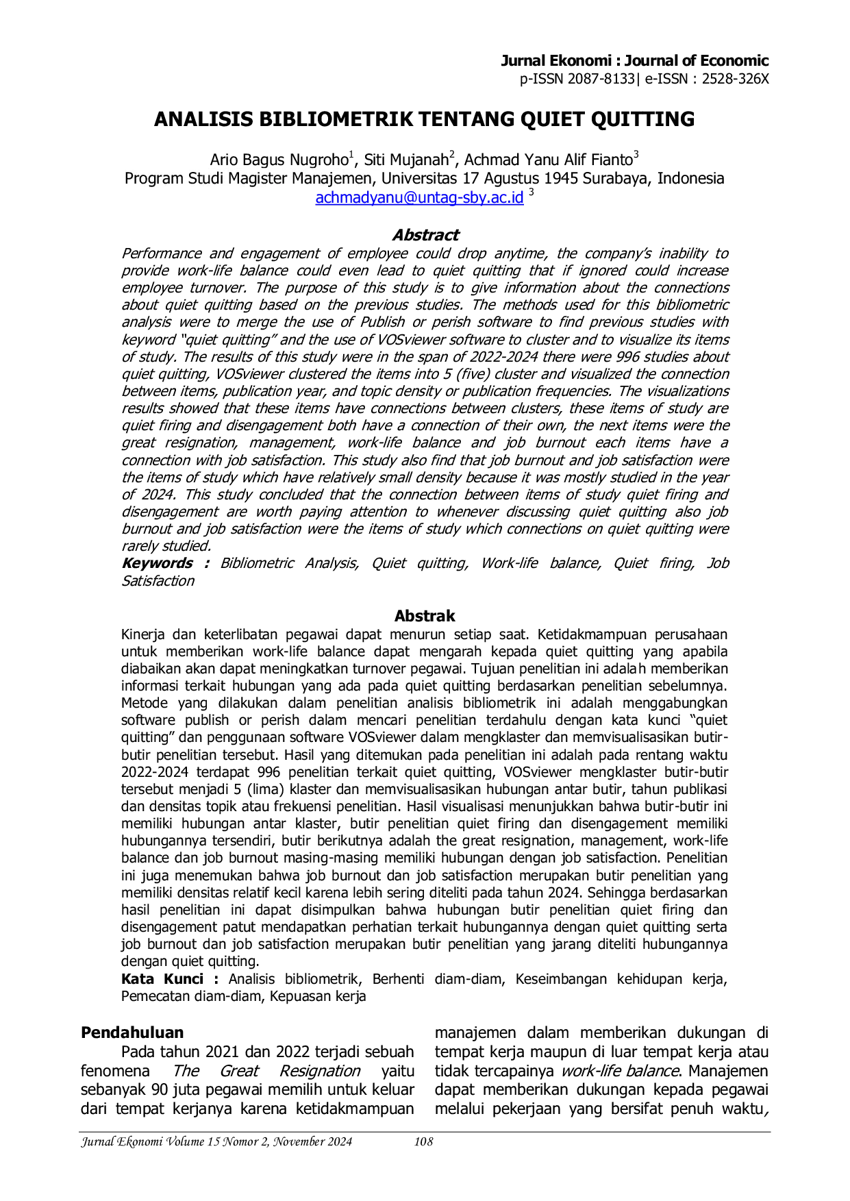 JURIS Analisis Bibliometrik Tentang Quiet Quitting