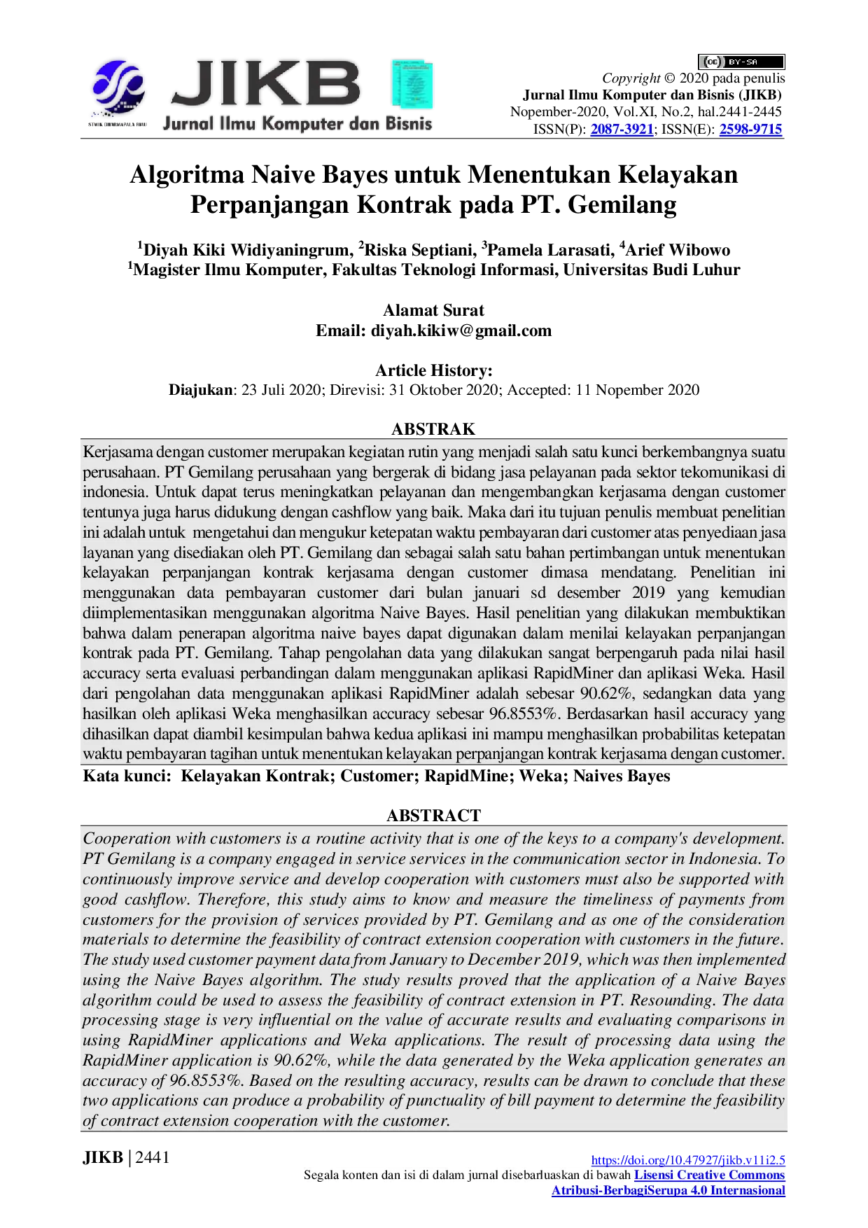 juris Algoritma Naive Bayes Untuk Menentukan Kelayakan Perpanjangan Kontrak Pada PT Gemilang