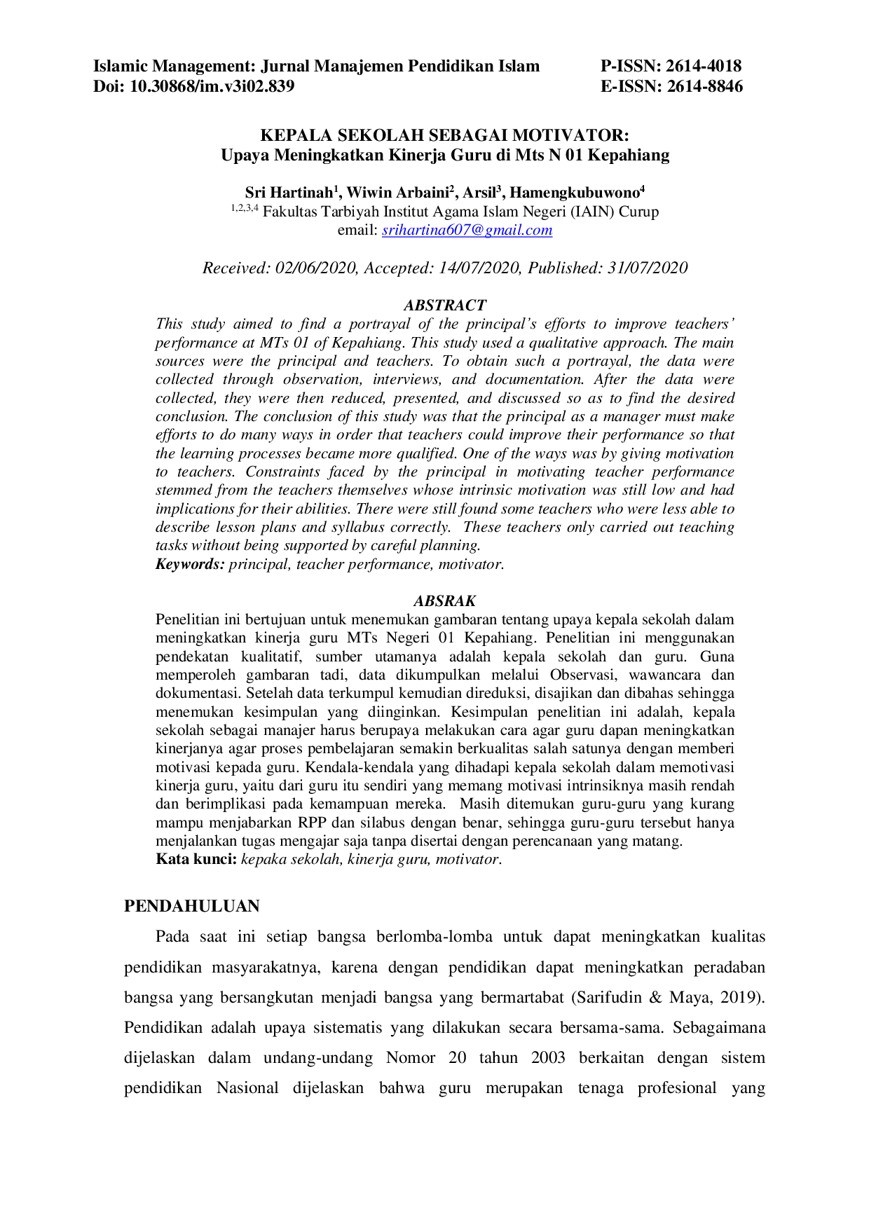 JURIS KEPALA SEKOLAH SEBAGAI MOTIVATOR Upaya Meningkatkan Kinerja Guru di Mts N 01 Kepahiang