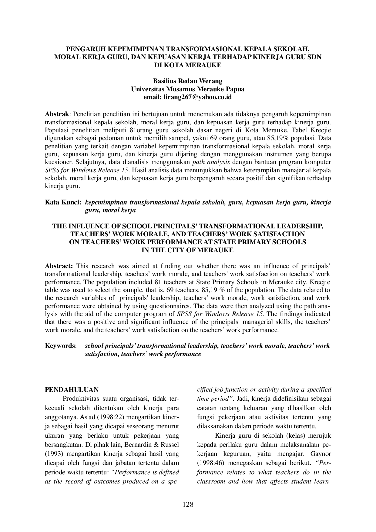 juris Pengaruh Kepemimpinan Transformasional Kepala Sekolah Moral Kerja Guru dan Kepuasan Kerja Terhadap Kinerja Guru Sdn di Kota Merauke