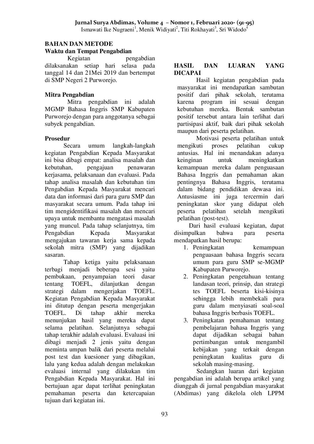 JURIS Pelatihan Bahasa Inggris Berbasis TOEFL Bagi Para Guru SMP Se MGMP Bahasa Inggris Kabupaten Purworejo