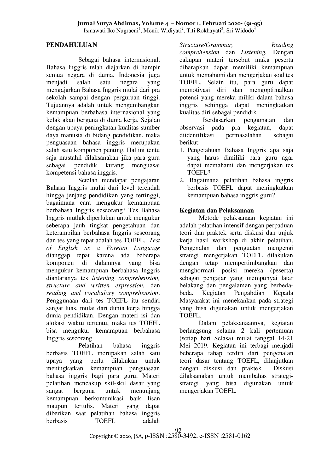 JURIS Pelatihan Bahasa Inggris Berbasis TOEFL Bagi Para Guru SMP Se MGMP Bahasa Inggris Kabupaten Purworejo