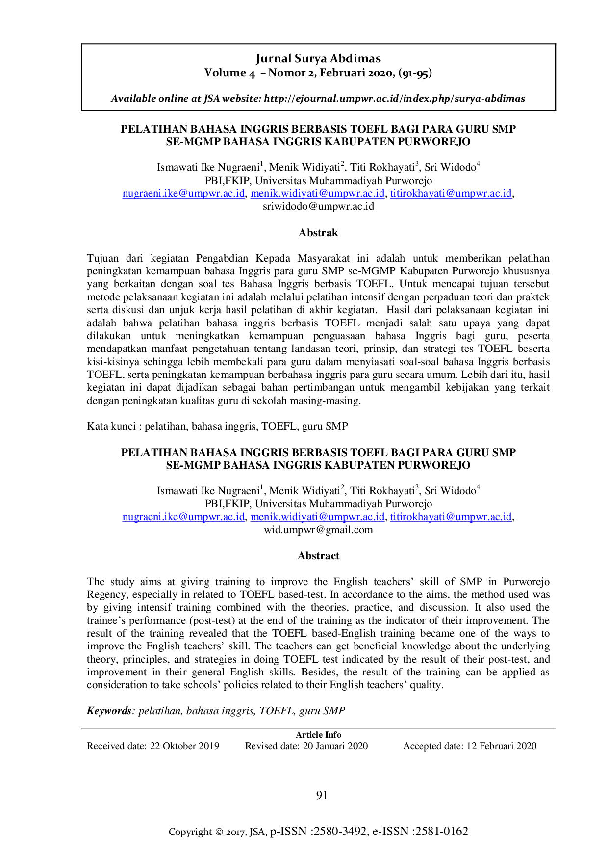 JURIS Pelatihan Bahasa Inggris Berbasis TOEFL Bagi Para Guru SMP Se MGMP Bahasa Inggris Kabupaten Purworejo