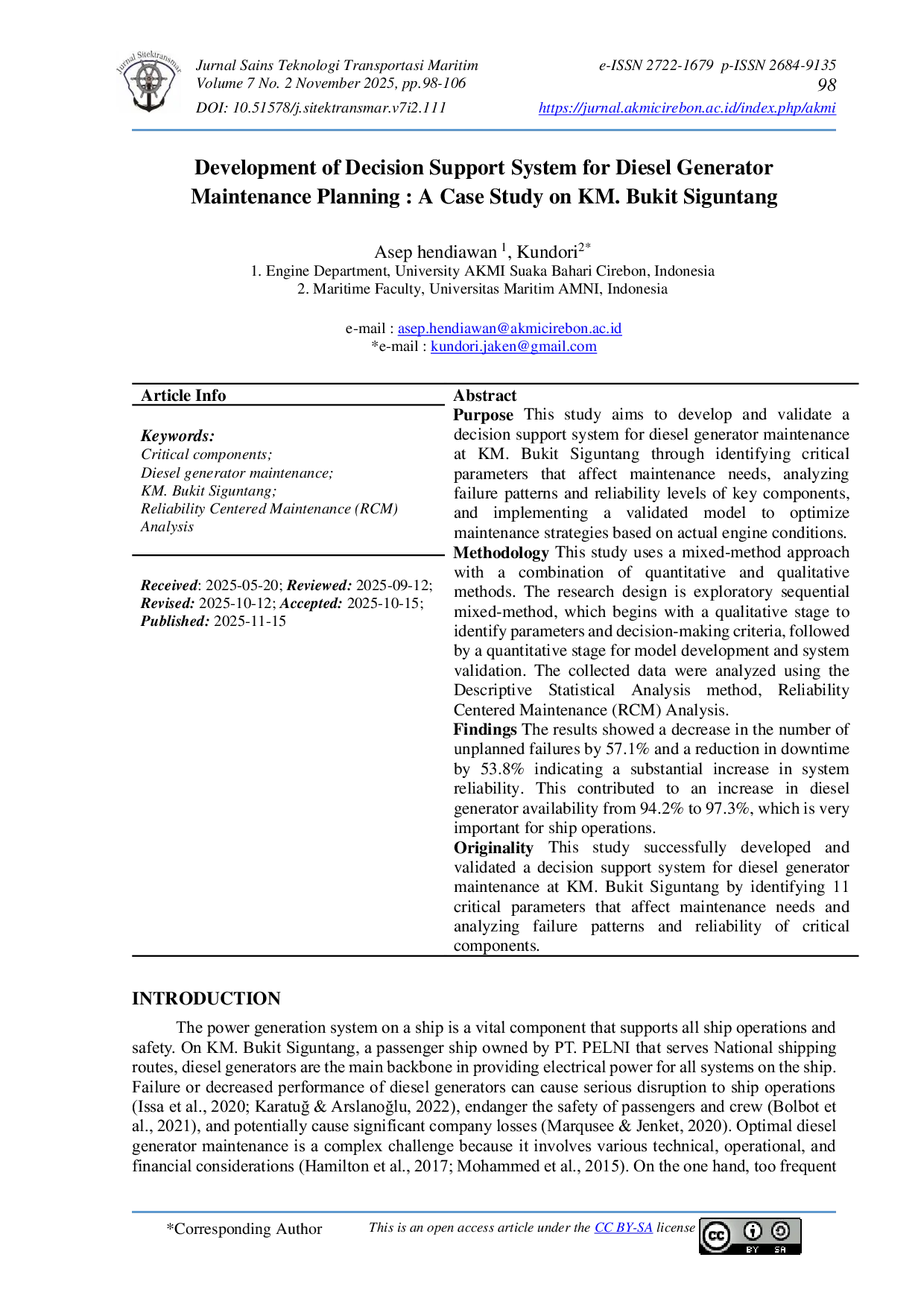 JURIS Development of Decision Support System for Diesel Generator Maintenance Planning A Case Study on KM Bukit Siguntang