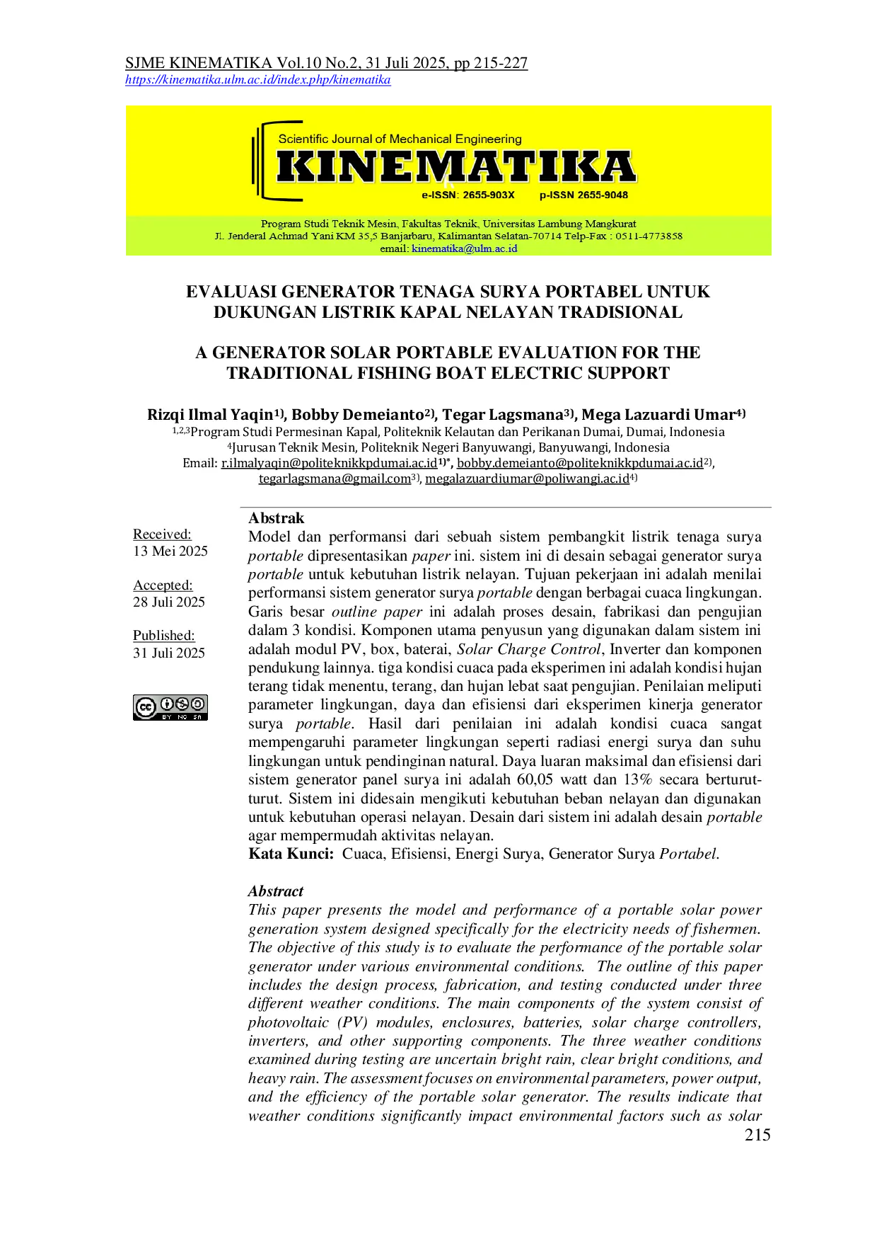 JURIS Evaluasi Generator Tenaga Surya Portabel untuk Dukungan Listrik Kapal Nelayan Tradisional