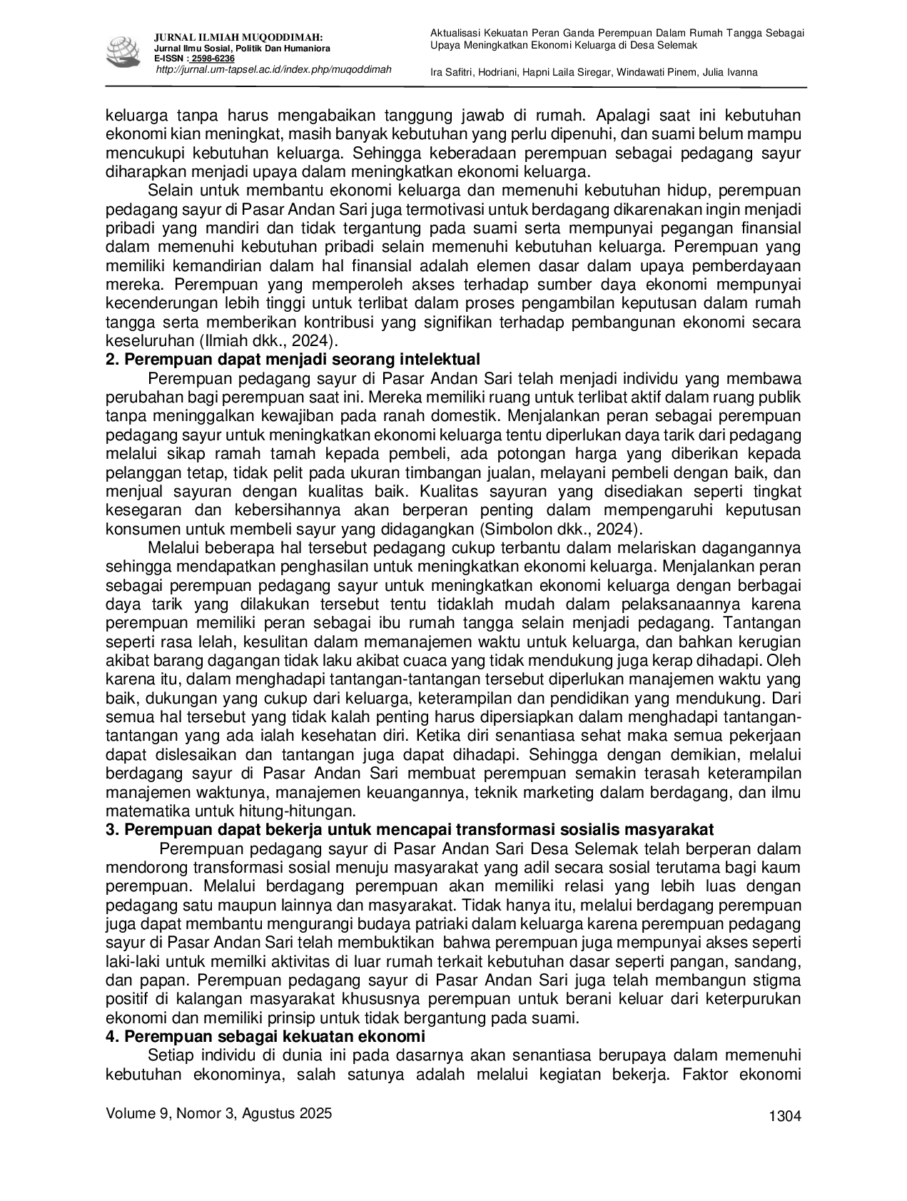 JURIS Aktualisasi Kekuatan Peran Ganda Perempuan Dalam Rumah Tangga Sebagai Upaya Meningkatkan Ekonomi Keluarga di Desa Selemak