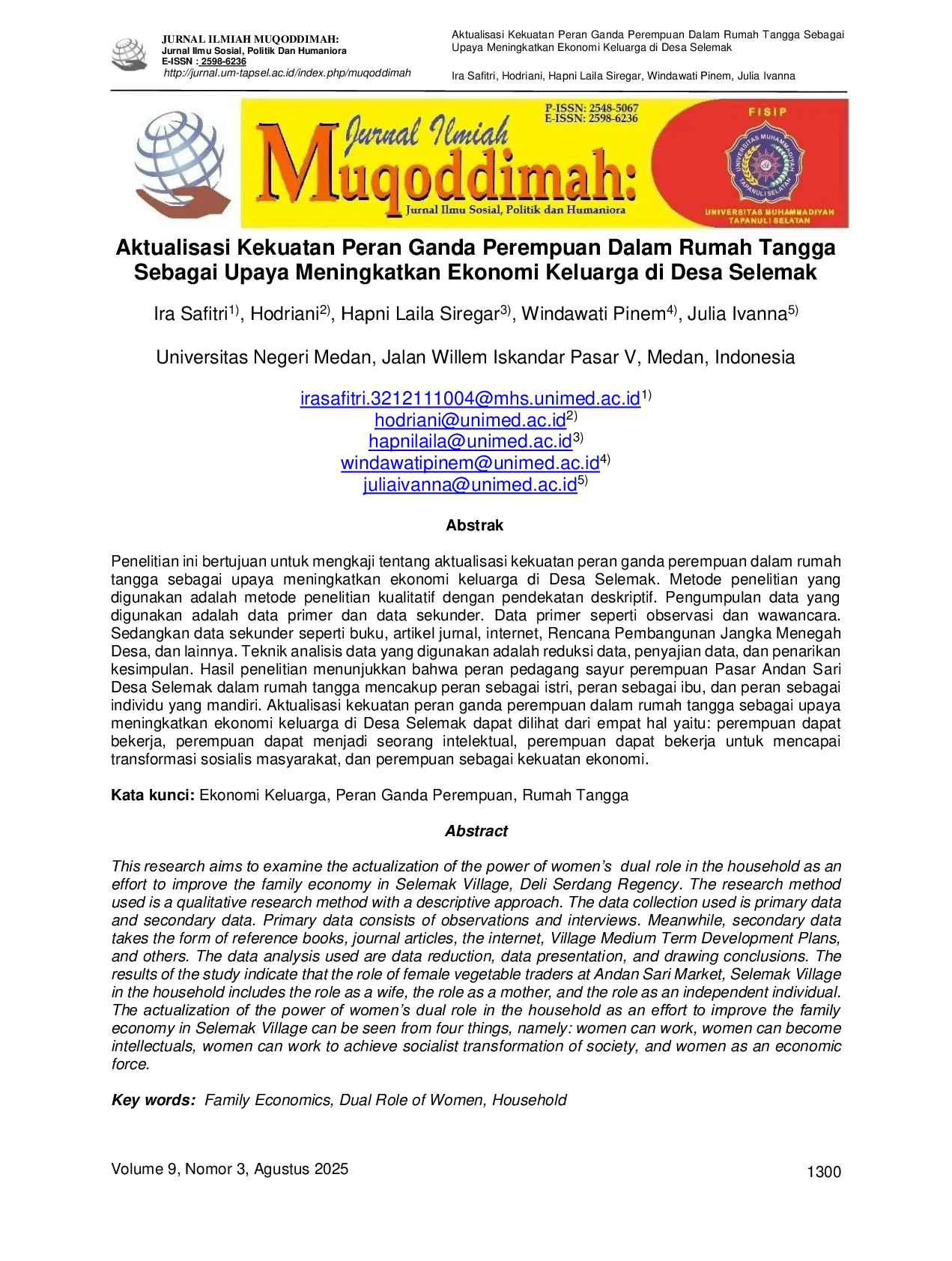 JURIS Aktualisasi Kekuatan Peran Ganda Perempuan Dalam Rumah Tangga Sebagai Upaya Meningkatkan Ekonomi Keluarga di Desa Selemak