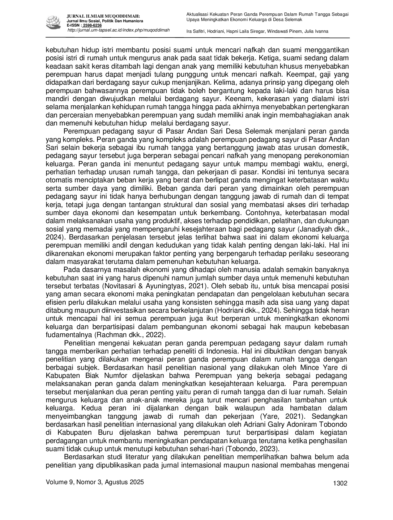 JURIS Aktualisasi Kekuatan Peran Ganda Perempuan Dalam Rumah Tangga Sebagai Upaya Meningkatkan Ekonomi Keluarga di Desa Selemak