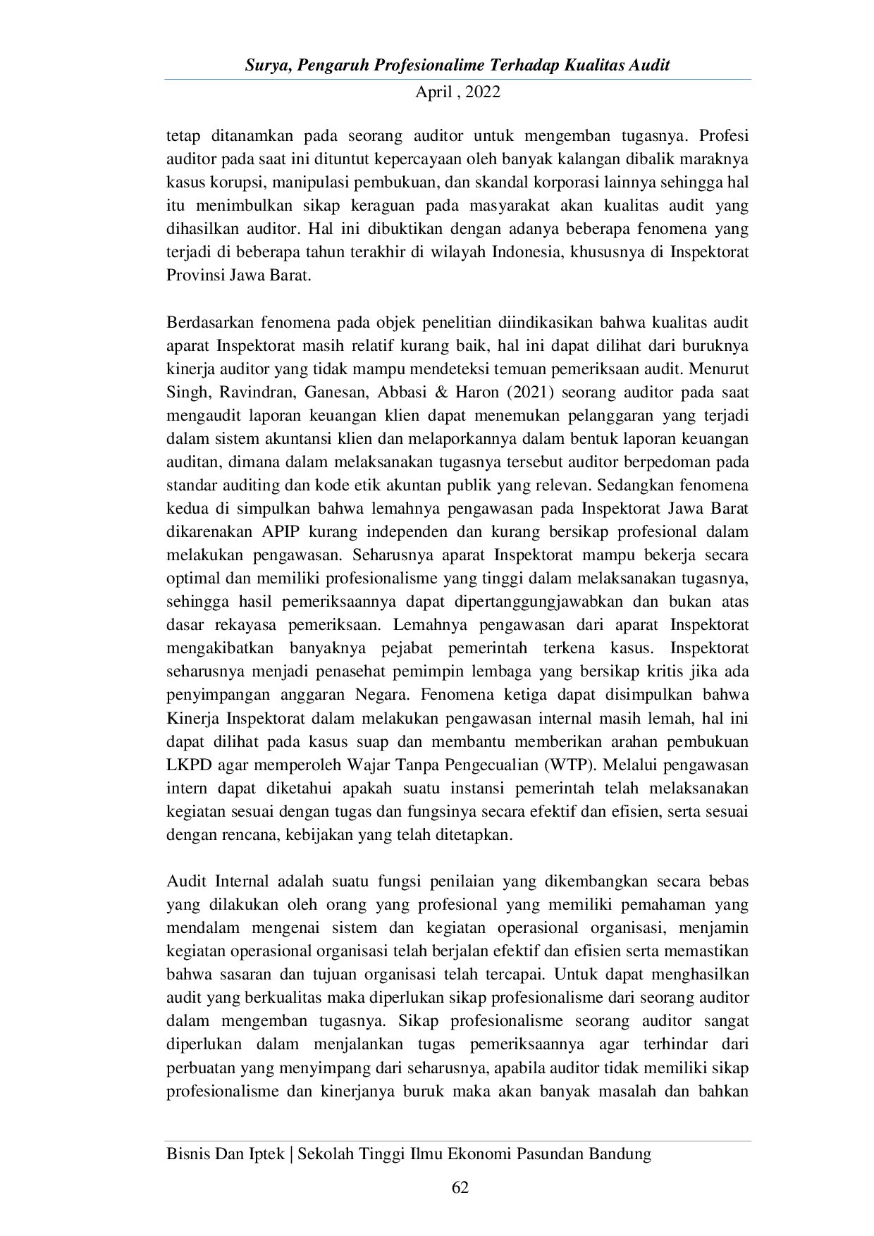 JURIS Pengaruh Profesionalisme Terhadap Kualitas Audit Survey Pada Instansi Daerah Provinsi Jawa Barat