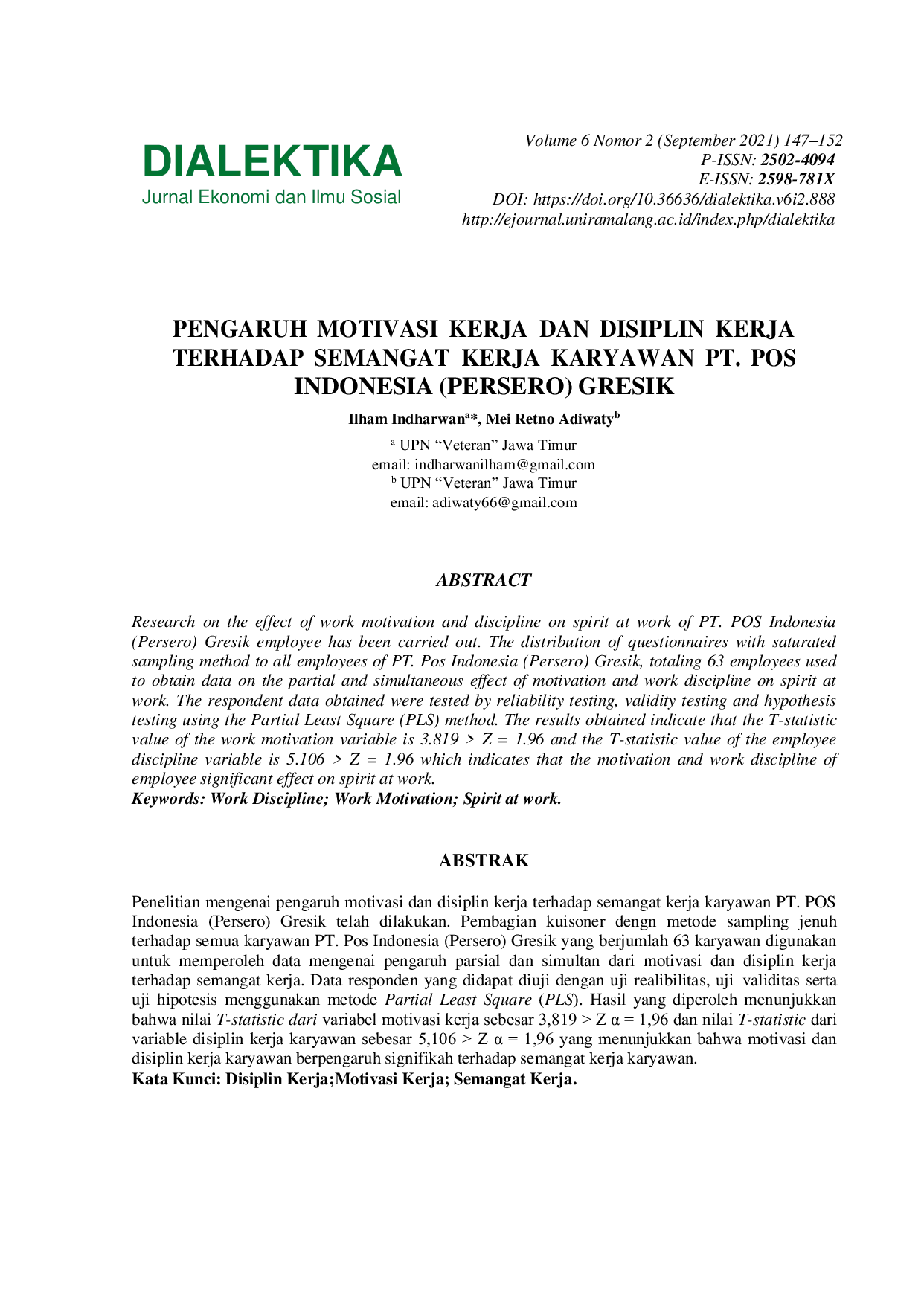 JURIS Pengaruh Motivasi Kerja dan Disiplin Kerja Terhadap Semangat Kerja Karyawan PT POS Indonesia Persero Gresik