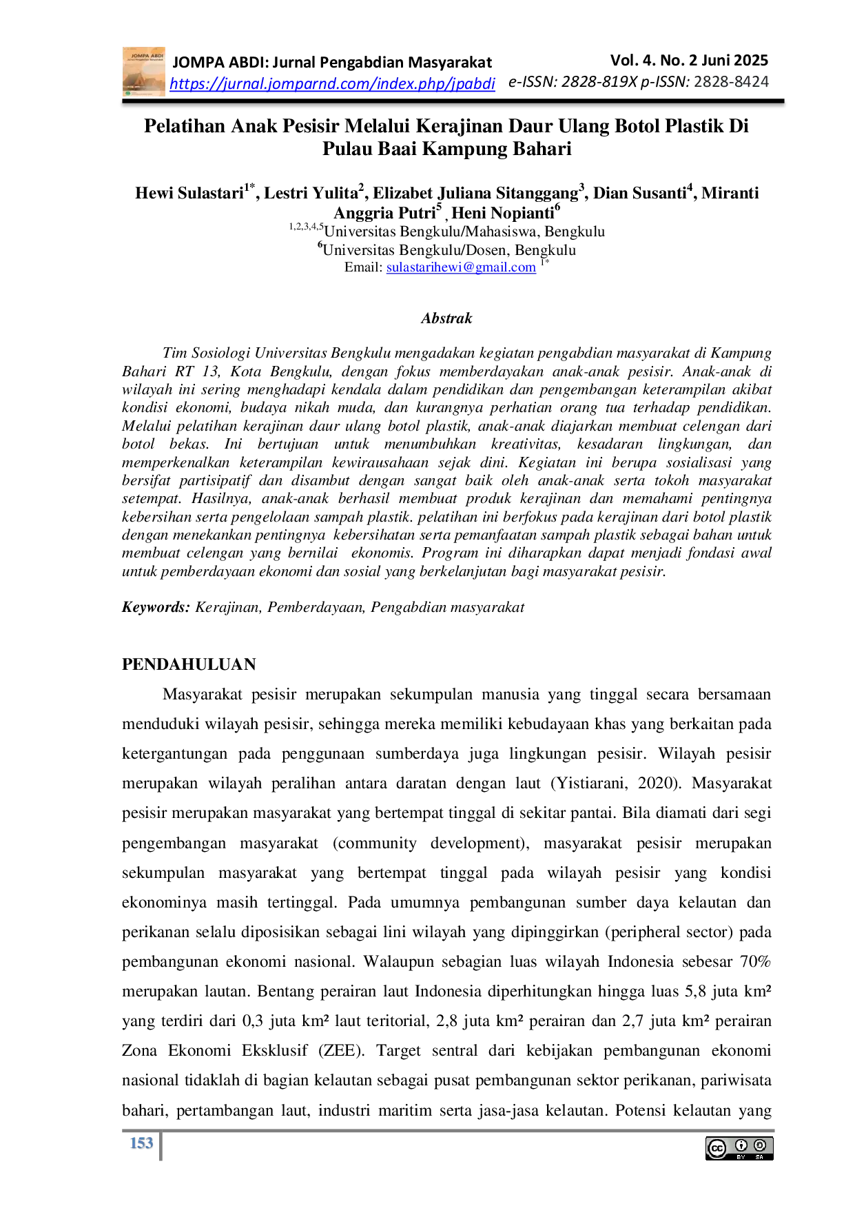 JURIS Pelatihan Anak Pesisir Melalui Kerajinan Daur Ulang Botol Plastik Di Pulau Baai Kampung Bahari